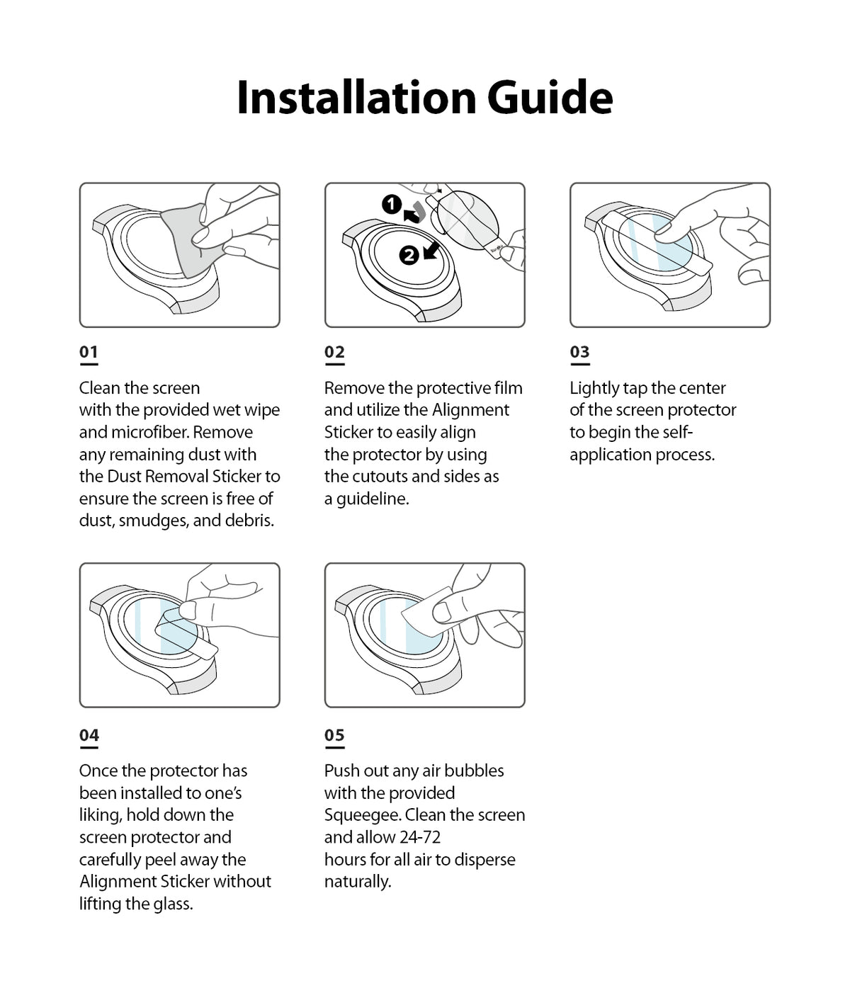 Galaxy Watch 5/4 40mm Screen Protector for Bezel Styling | Glass - R2 - Five-step illustrated guide for installing a watch screen protector.