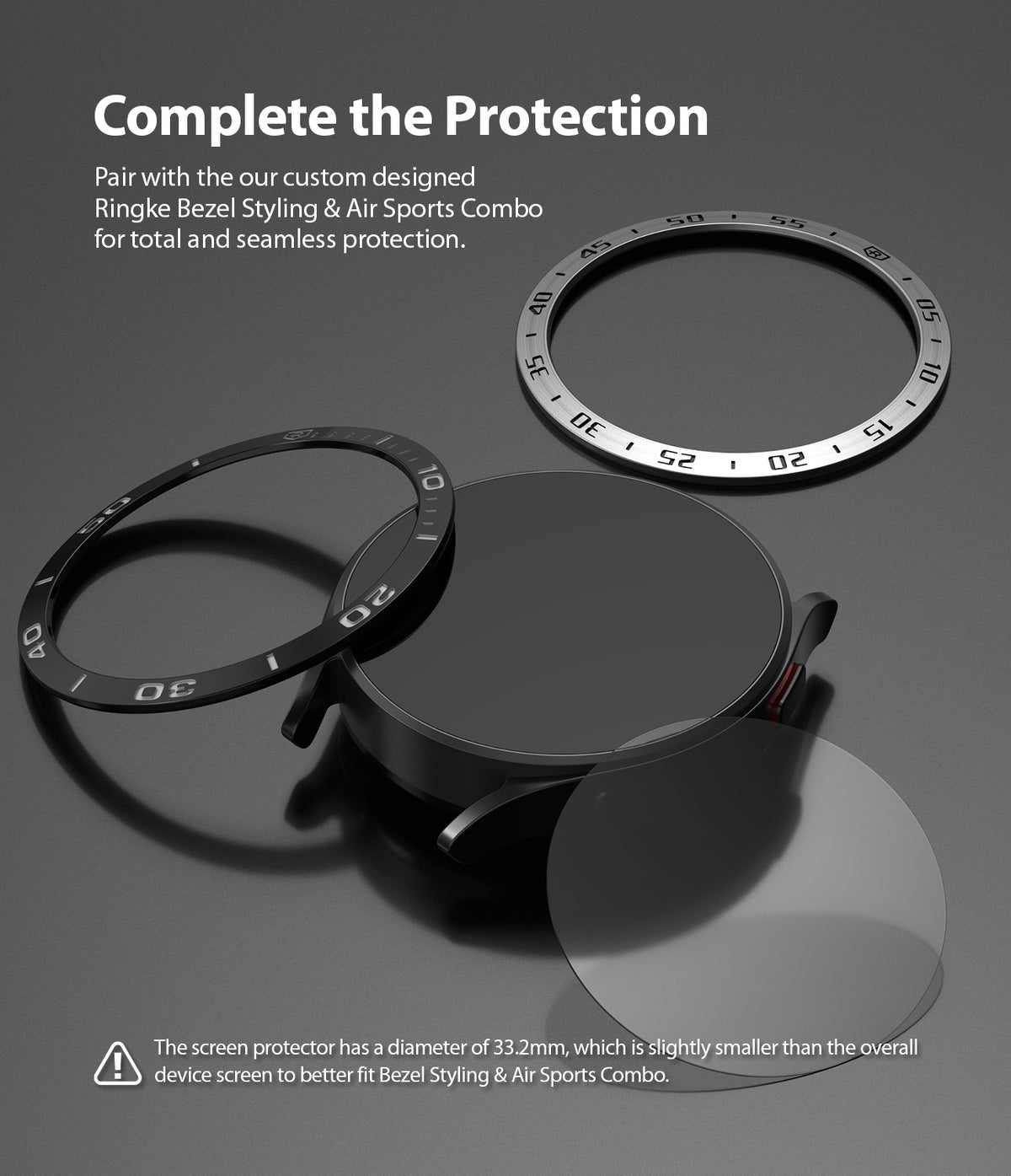 Galaxy Watch 5/4 40mm Screen Protector for Bezel Styling | Glass - R2 - Smartwatch, two metal bezels, and glass protector.