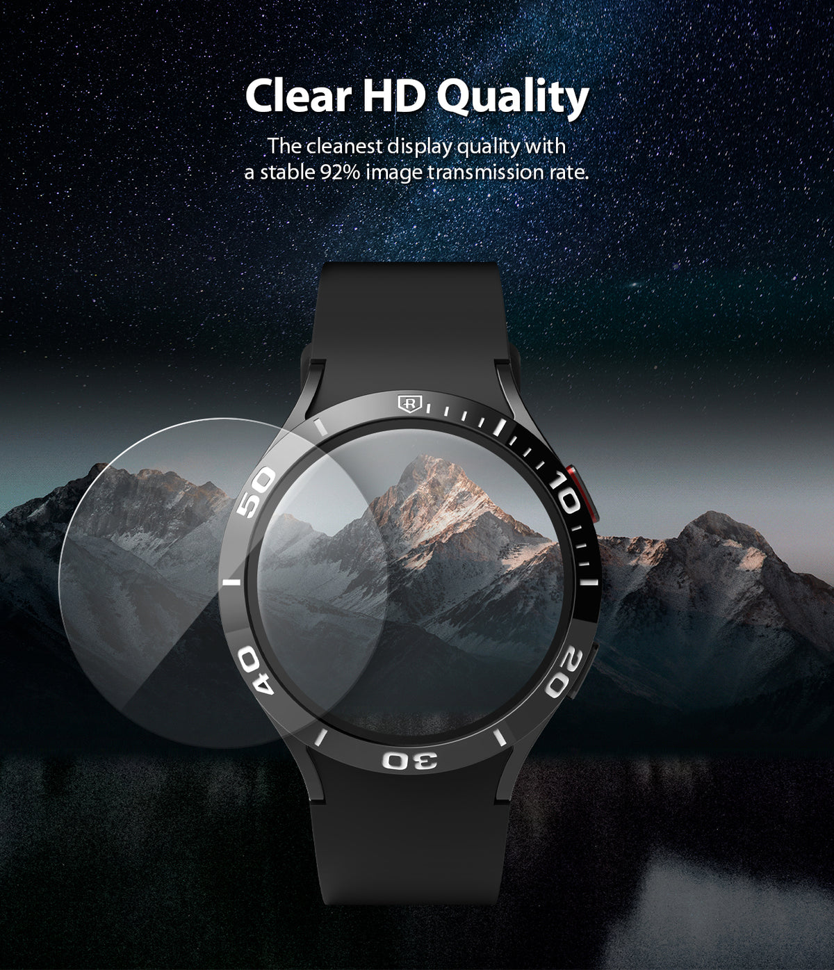 Galaxy Watch 5/4 40mm Screen Protector for Bezel Styling | Glass - R2 - Galaxy Watch 5/4 40mm Screen Protector - Smartwatch with a clear glass protector overlay against a mountain backdrop.