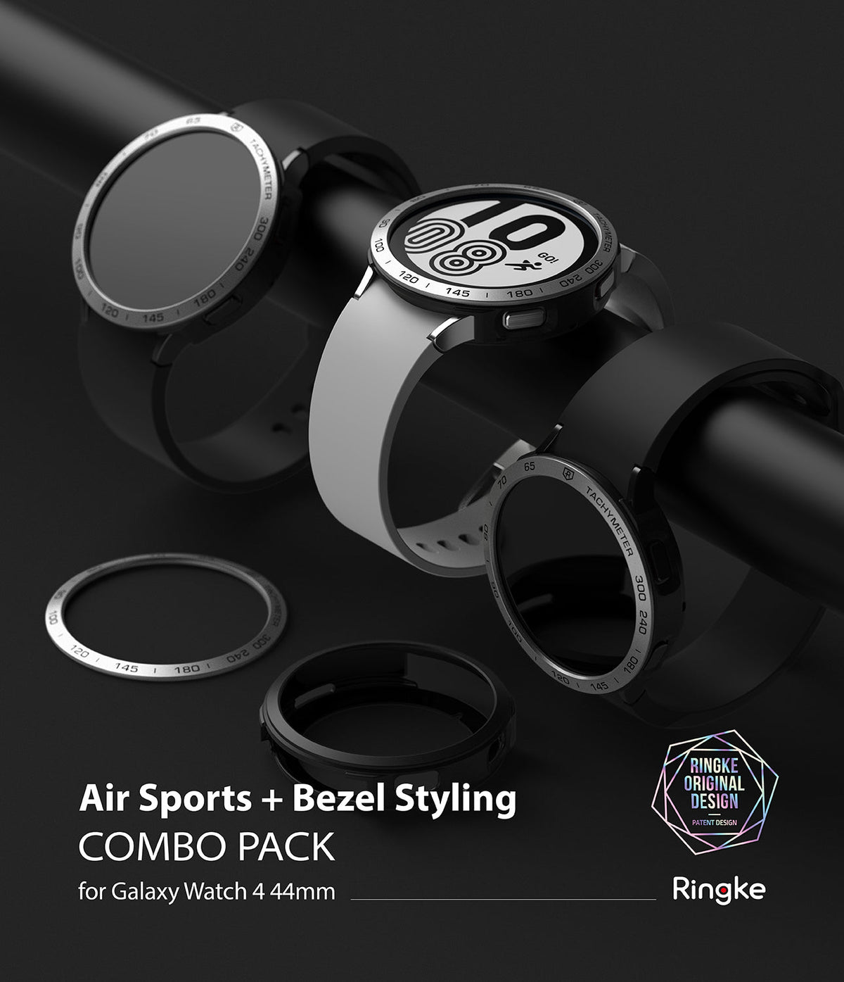 Galaxy Watch 4 44mm | Air Sports Black + Bezel Styling - Three Galaxy Watches with black and silver bezel styling accessories.