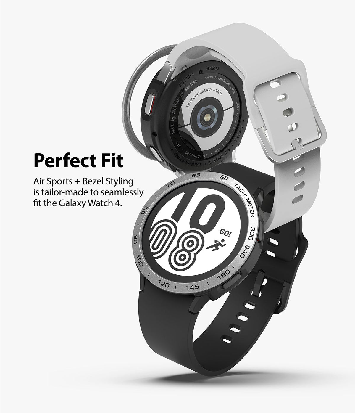 Galaxy Watch 4 44mm | Air Sports Black + Bezel Styling - Galaxy Watch 4 44mm - Black smartwatch with white strap and silver tachymeter bezel styling shown from front and back.