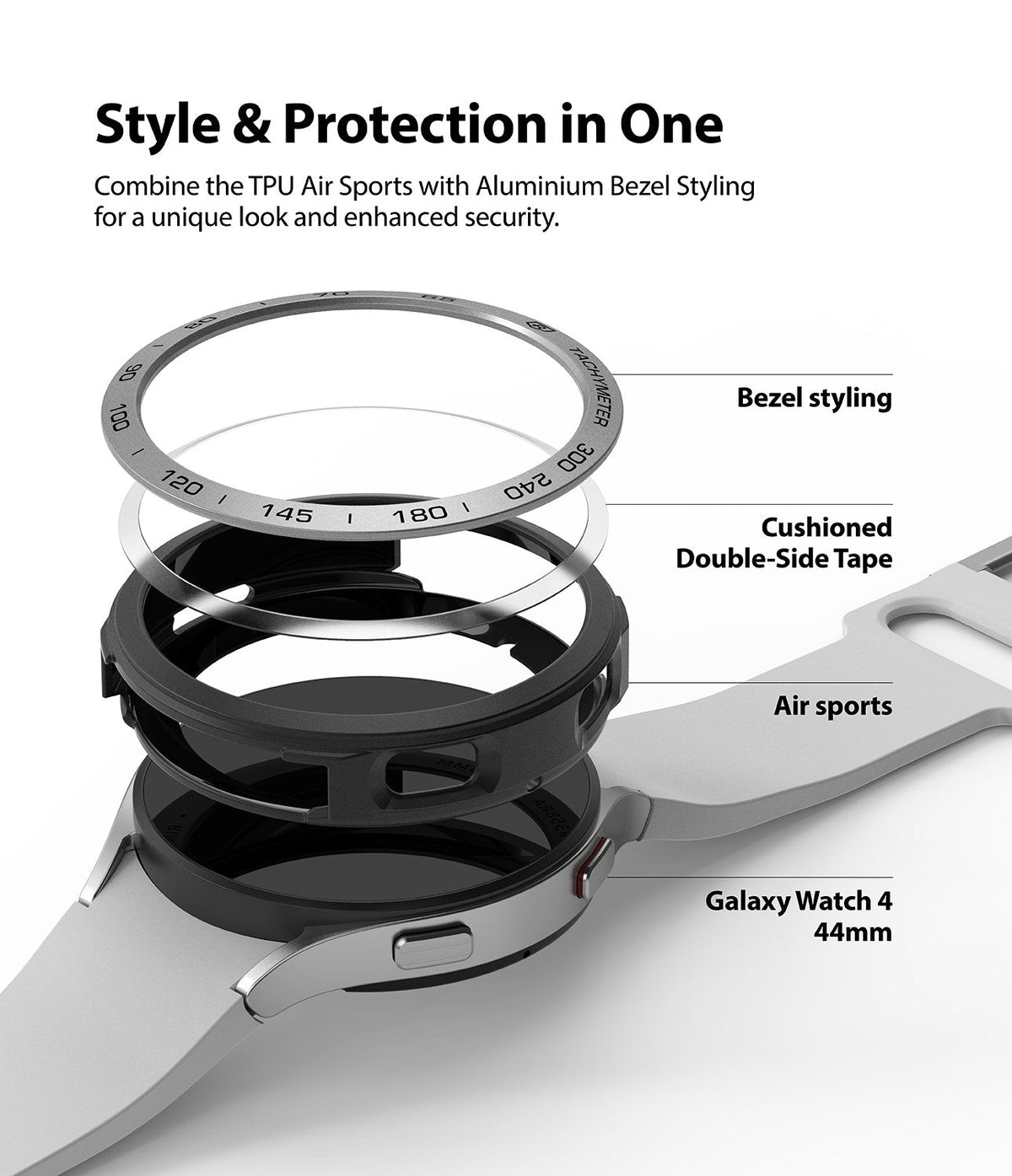 Galaxy Watch 4 44mm | Air Sports Black + Bezel Styling - Galaxy Watch 4 44mm - Exploded view of watch, Air Sports case, adhesive tape, and metal bezel styling ring.