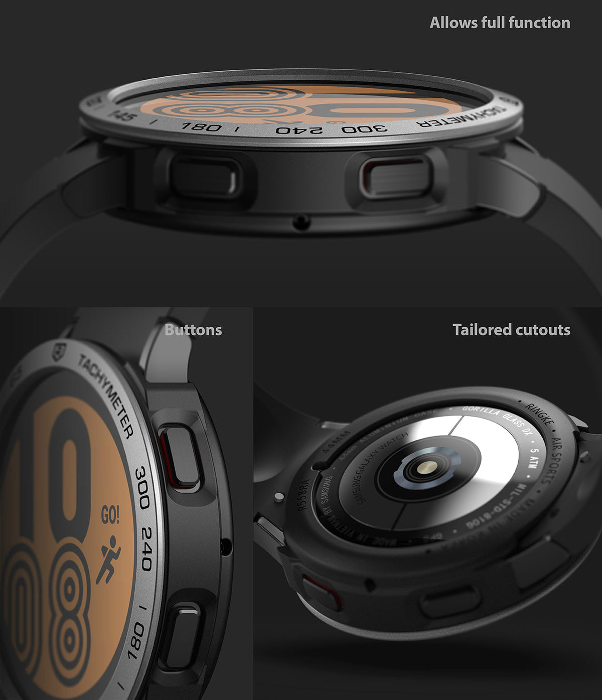 Galaxy Watch 4 44mm | Air Sports Black + Bezel Styling - Close-up of watch with metallic bezel, side buttons, and sensors.