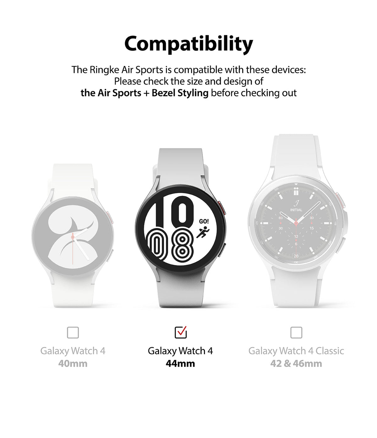 Galaxy Watch 4 44mm | Air Sports Black + Bezel Styling - Compatibility chart showing Galaxy Watch 4 44mm selected.