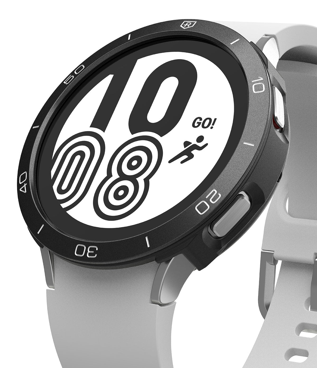 Galaxy Watch 4 44mm | Air Sports Black + Bezel Styling - Galaxy Watch 4 44mm - Silver smartwatch with black bezel styling, white sport band, and digital clock face showing 10:08.