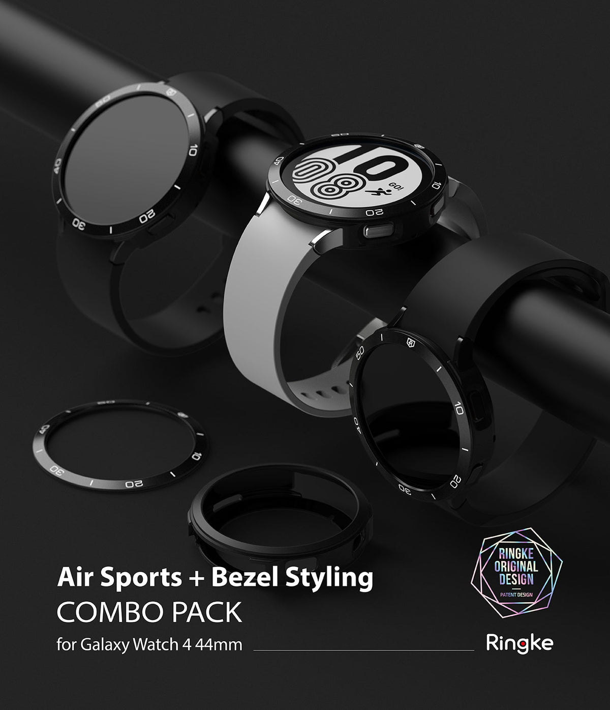 Galaxy Watch 4 44mm | Air Sports Black + Bezel Styling - Three smartwatches with black bezel covers on a dark background.