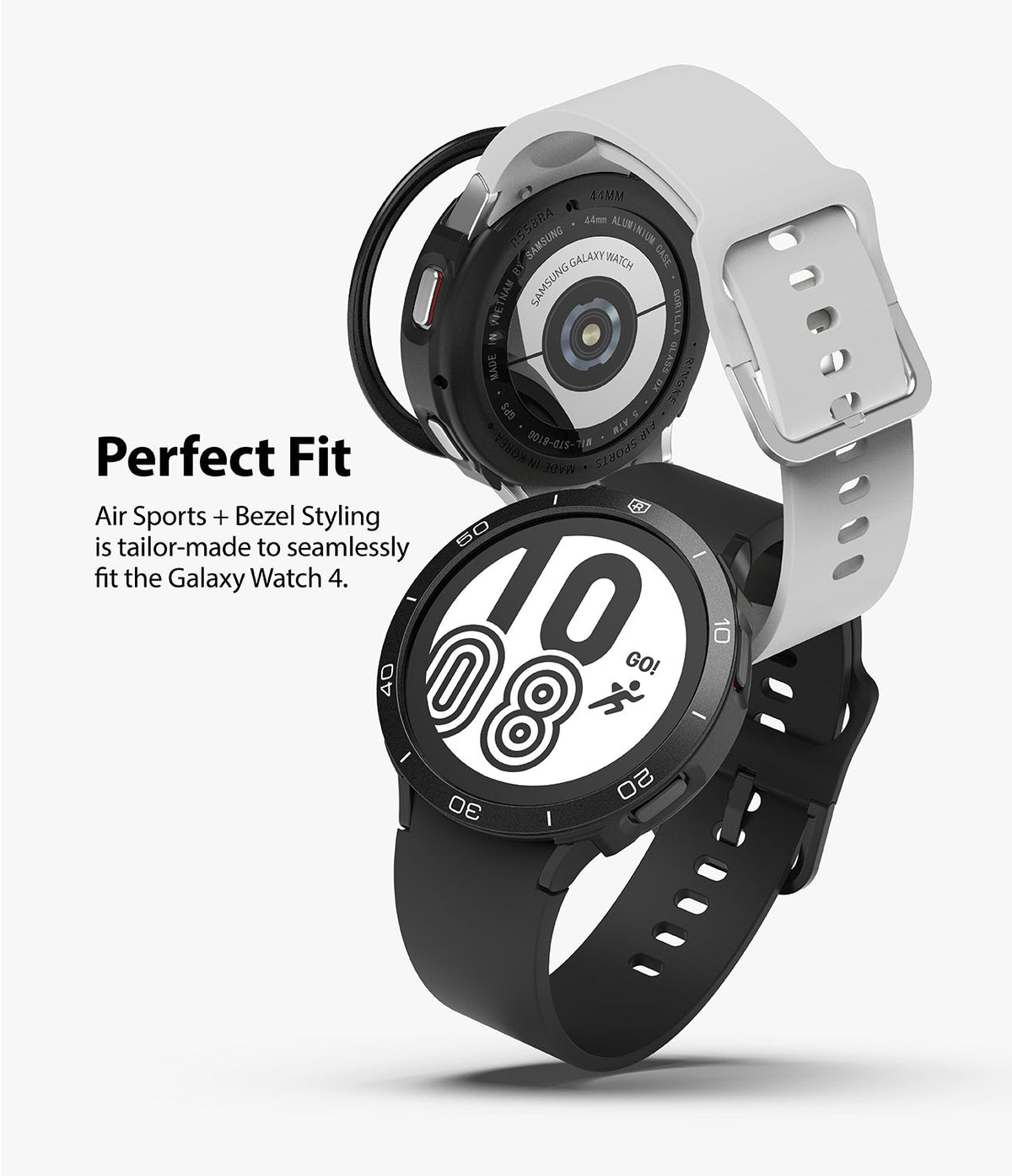 Galaxy Watch 4 44mm | Air Sports Black + Bezel Styling - Two Galaxy Watch 4 units with black bezel styling and straps.