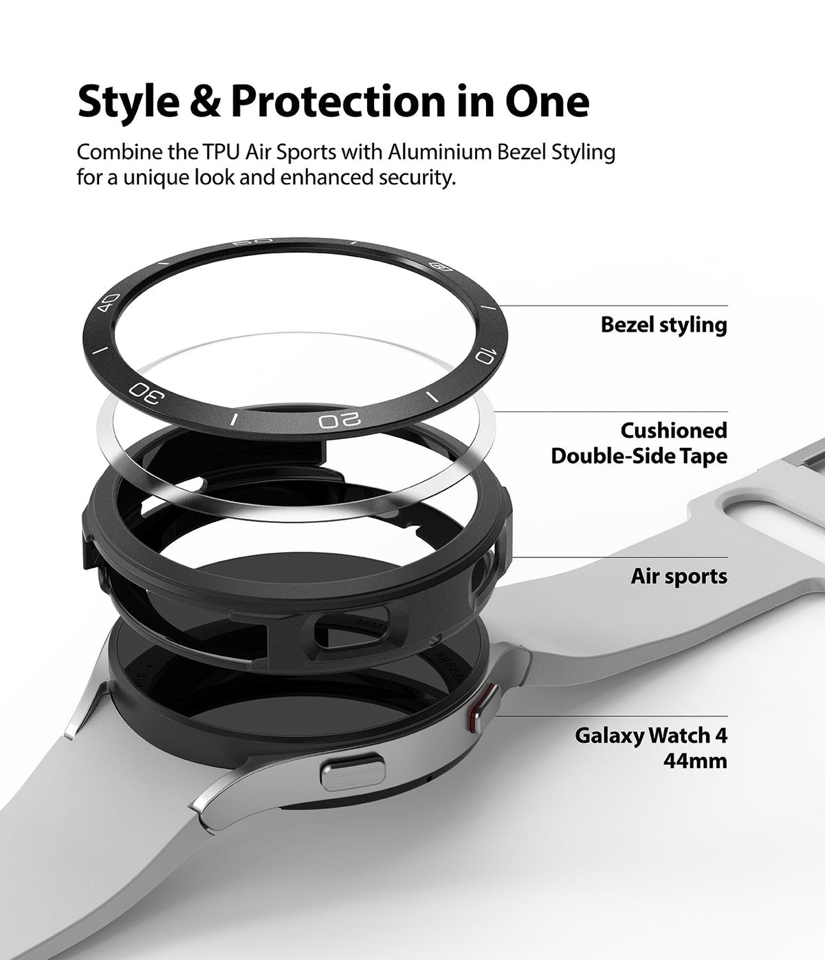 Galaxy Watch 4 44mm | Air Sports Black + Bezel Styling - Exploded view of watch case, tape, and bezel accessories.
