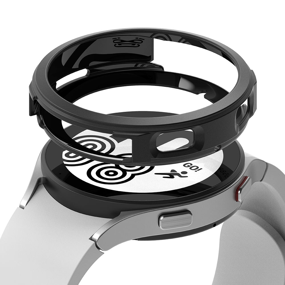 Galaxy Watch 4 (44mm) Case | Air Sports - Black protective watch case hovering above a silver Galaxy Watch 4.