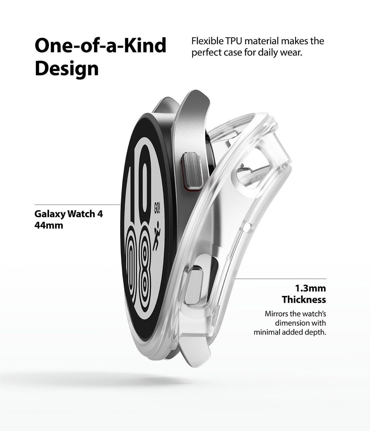 Galaxy Watch 4 (44mm) Case | Air Sports - A clear, flexible TPU case being placed onto a Galaxy Watch 4 44mm.