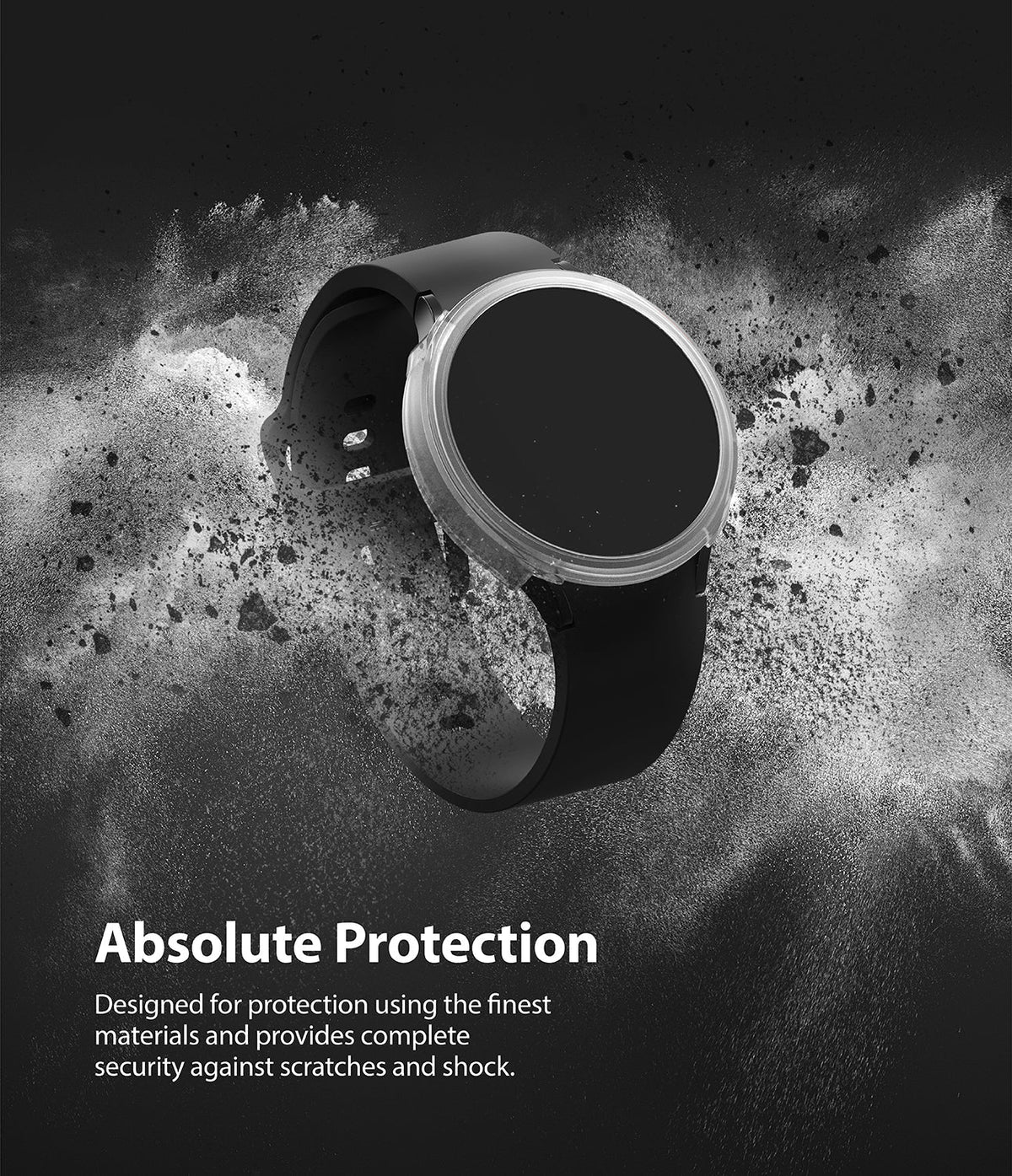 Galaxy Watch 4 (44mm) Case | Air Sports - Black smartwatch with a clear protective case surrounded by dust particles.