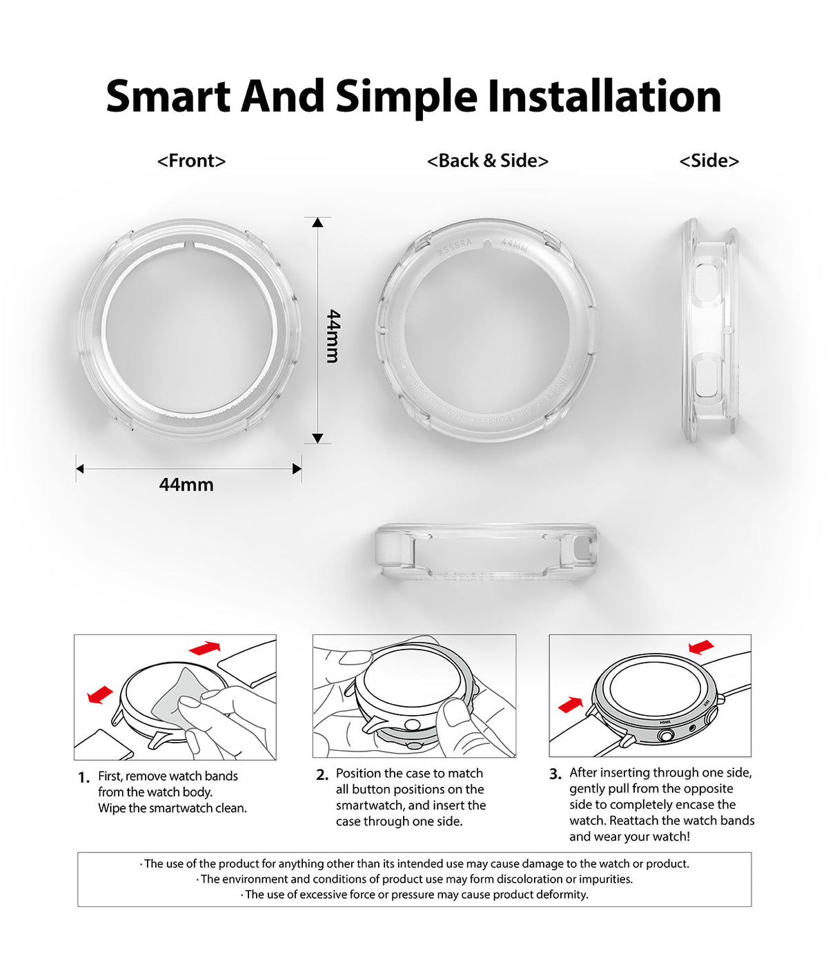 Galaxy Watch 4 (44mm) Case | Air Sports - Diagrams showing the clear watch case dimensions and three-step installation.