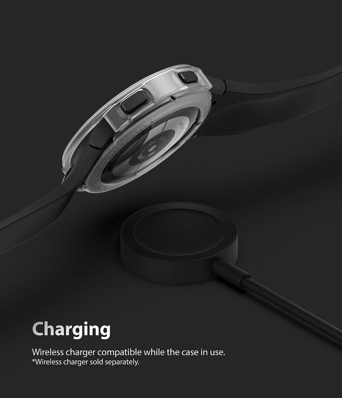 Galaxy Watch 4 (44mm) Case | Air Sports - A Galaxy Watch 4 with a clear protective case hovering above a wireless charging puck.
