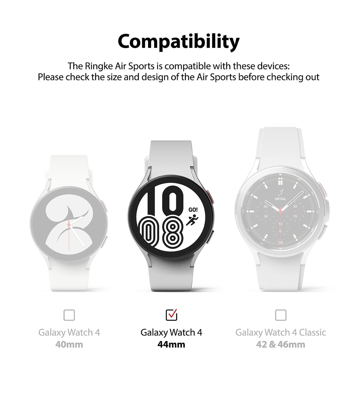 Galaxy Watch 4 (44mm) Case | Air Sports - Compatibility chart showing Galaxy Watch 4 44mm highlighted among other models.