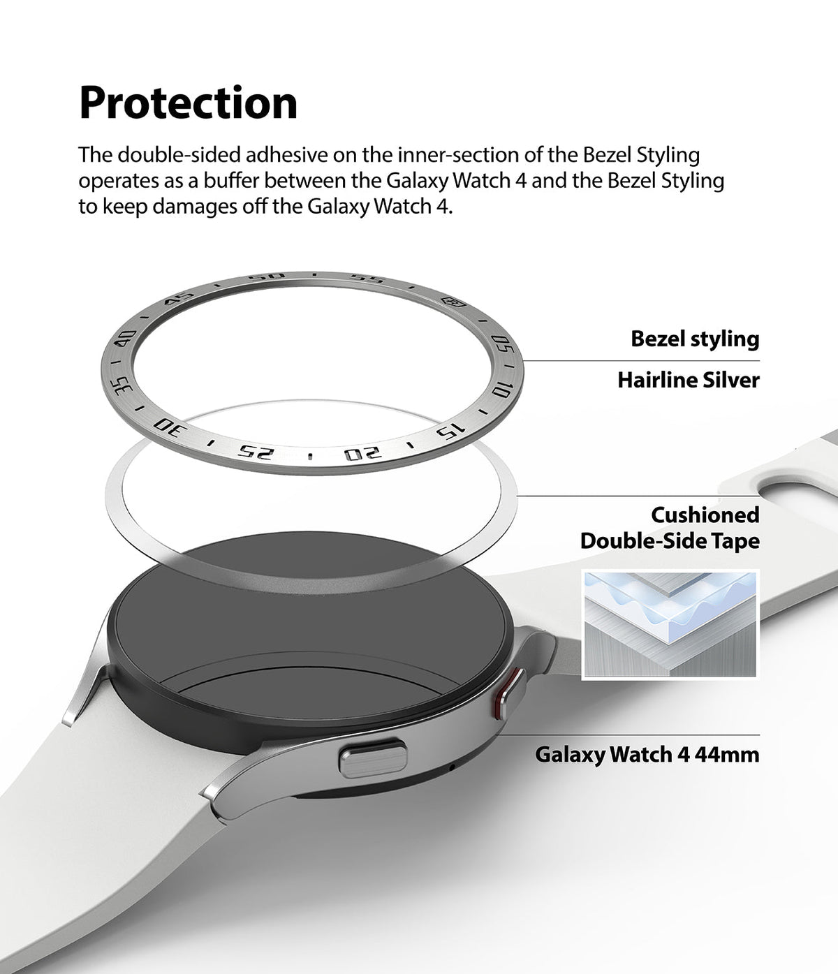 Galaxy Watch 5/4 44mm | Bezel Styling - Exploded view showing a silver watch bezel, adhesive ring, and Galaxy Watch 4.