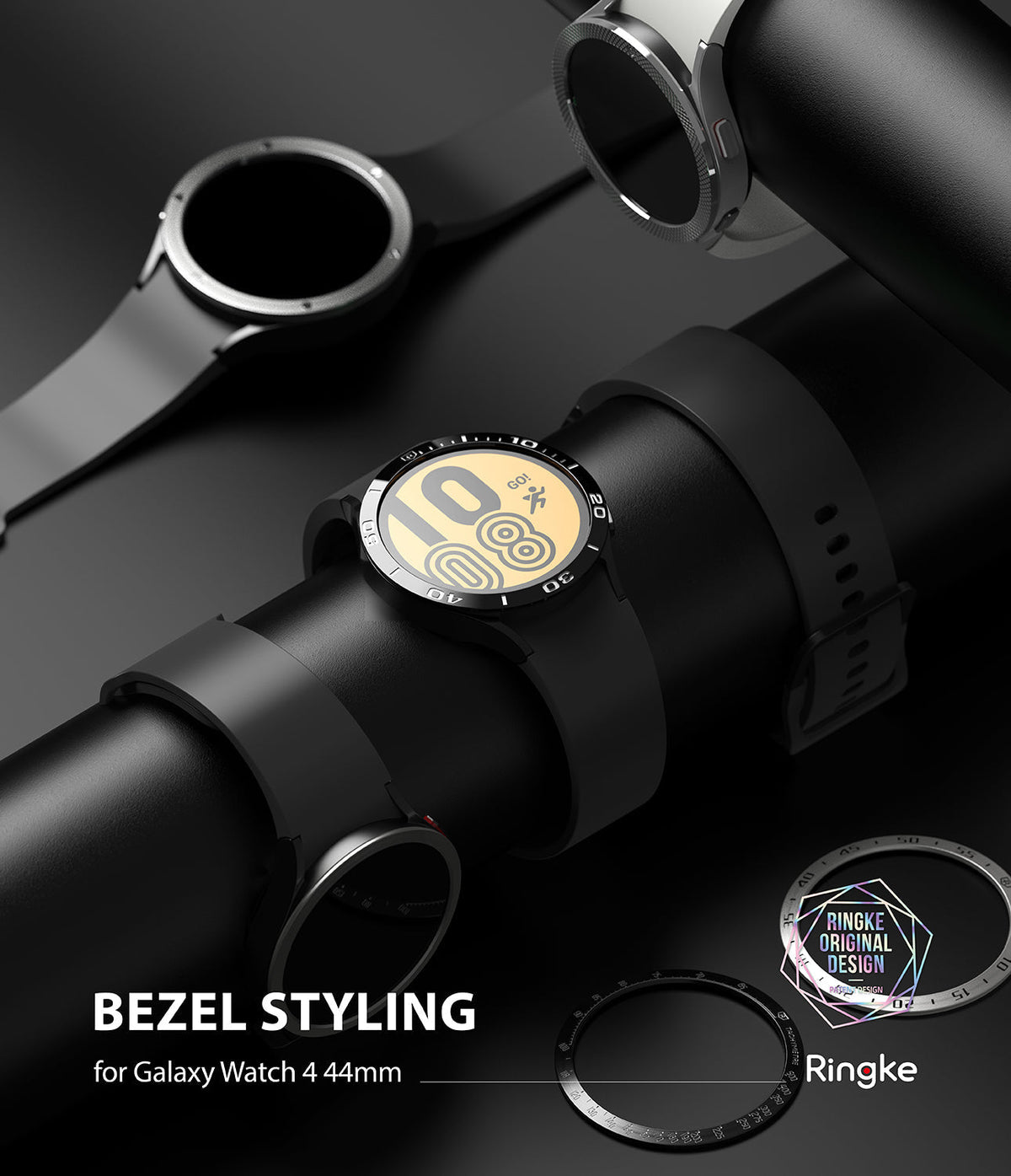 Galaxy Watch 5/4 44mm | Bezel Styling - Black smartwatch with a numbered bezel ring mounted on a dark cylindrical stand.