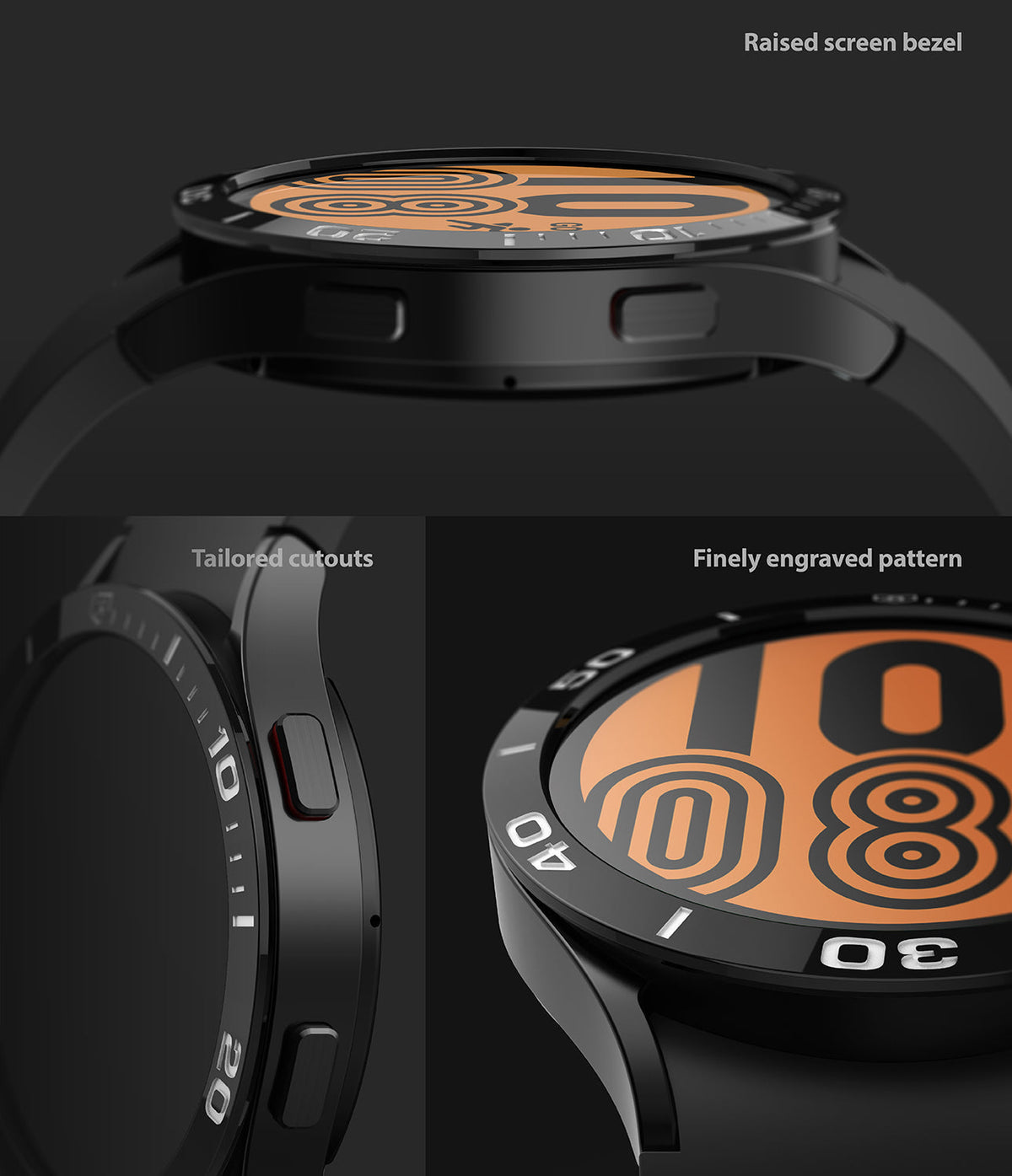 Galaxy Watch 5/4 44mm | Bezel Styling - Close-up of watch bezel showing raised edges, tailored cutouts, and engraved markings.