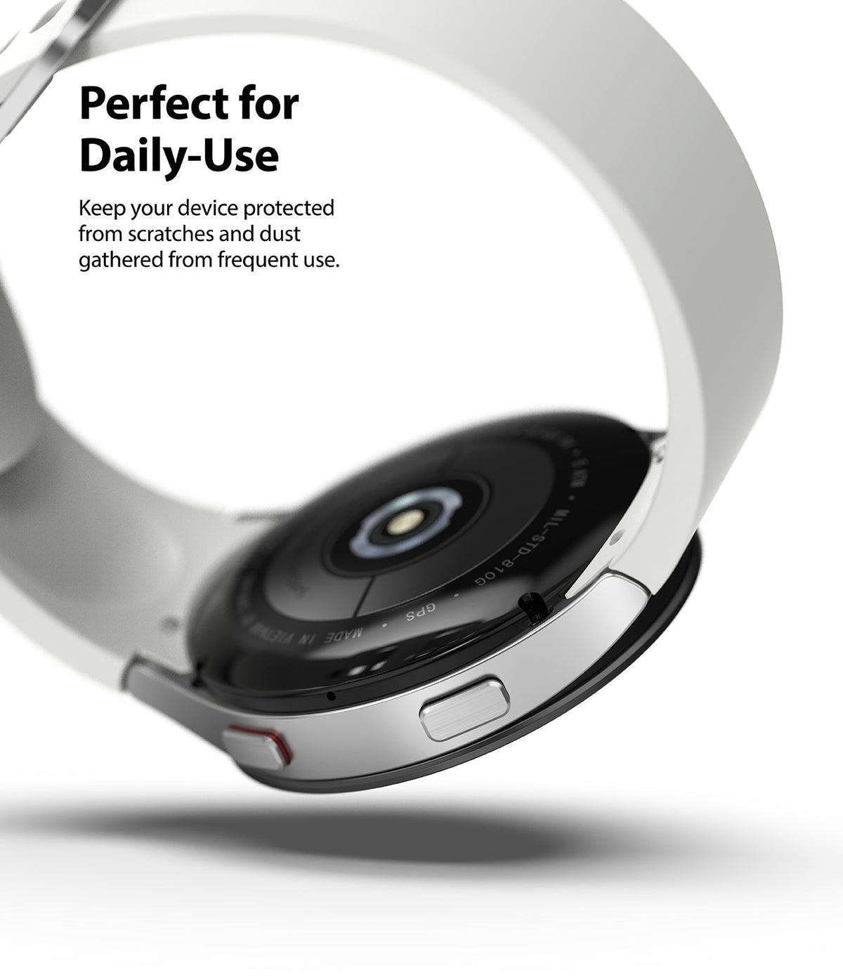 Galaxy Watch 5/4 44mm | Bezel Styling - Close-up of a silver smartwatch case with a white band, highlighting the protective bezel design.