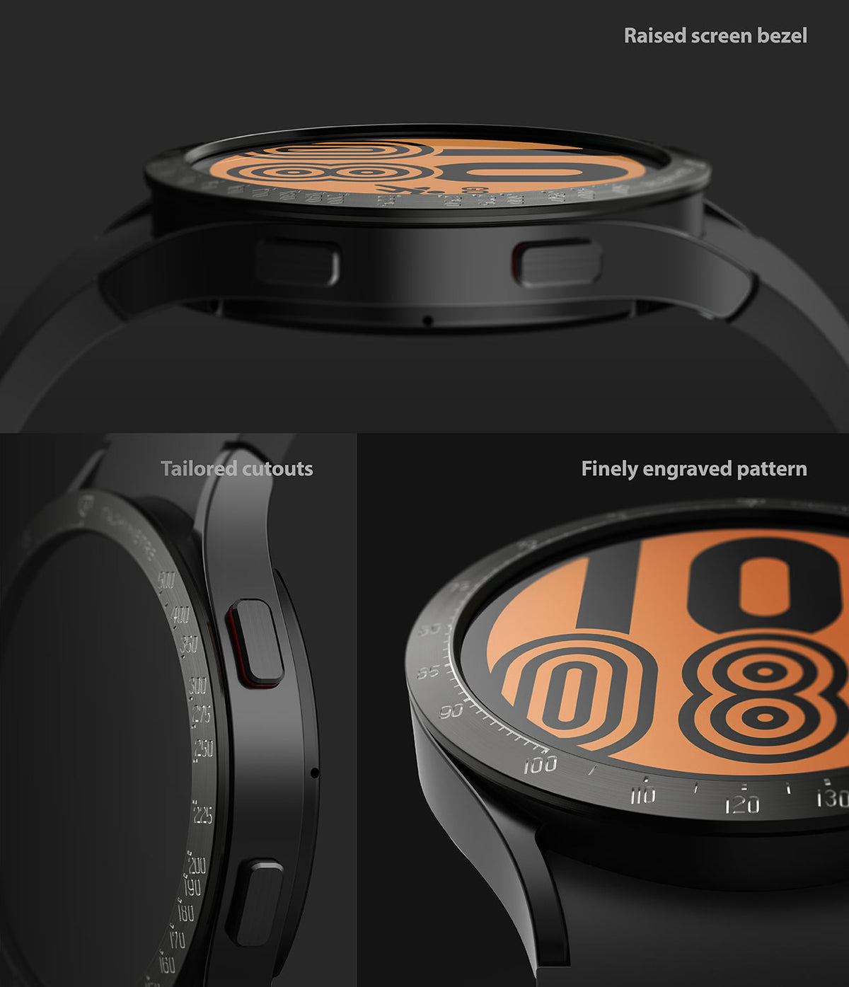 Galaxy Watch 5/4 44mm | Bezel Styling - Close-ups showing a raised black watch bezel with engraved tachymeter and button cutouts.