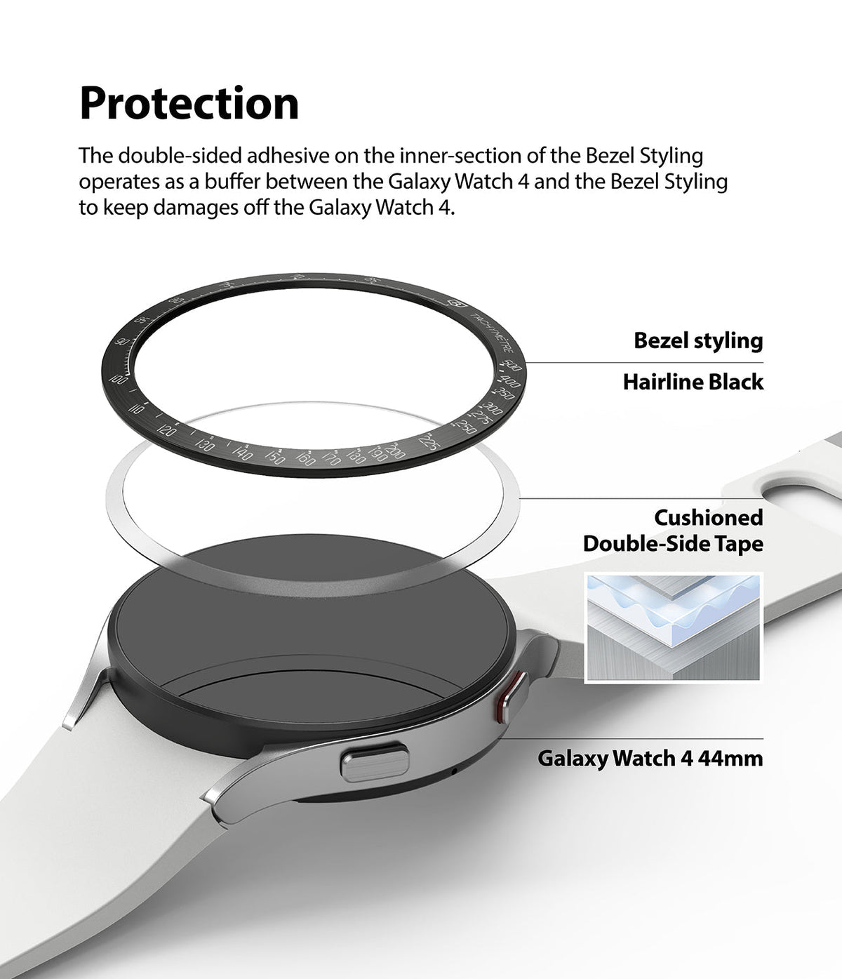 Galaxy Watch 5/4 44mm | Bezel Styling - Exploded view showing a black bezel, adhesive ring, and Galaxy Watch 4.