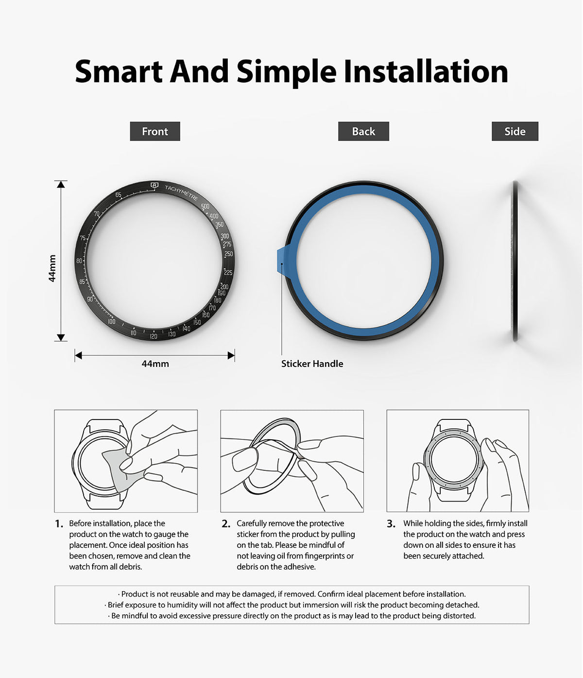 Galaxy Watch 5/4 44mm | Bezel Styling - Three-step installation guide showing front, back, and side views of a watch bezel.