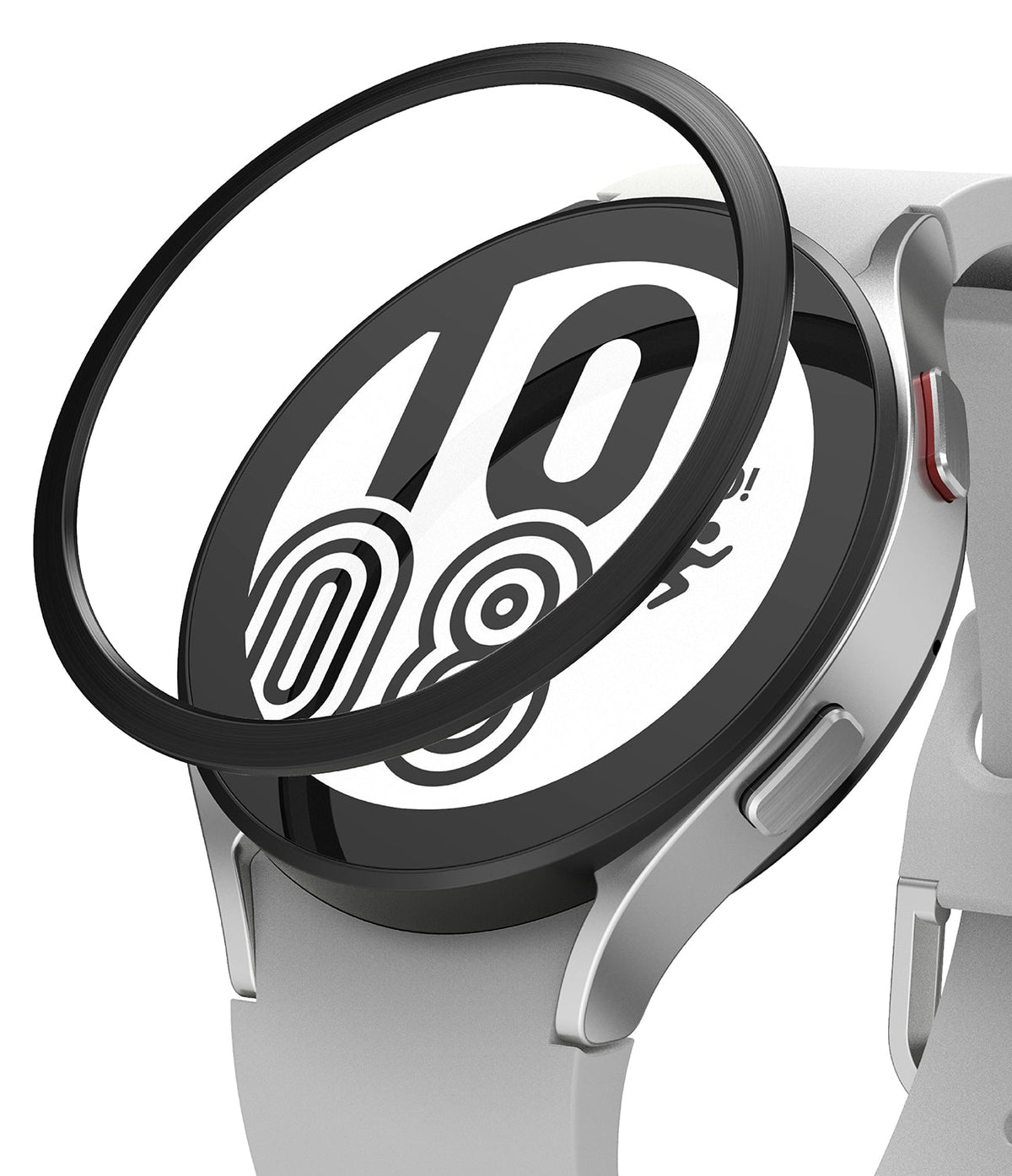 Galaxy Watch 5/4 44mm | Bezel Styling - A black adhesive bezel ring hovering above a silver smartwatch face.