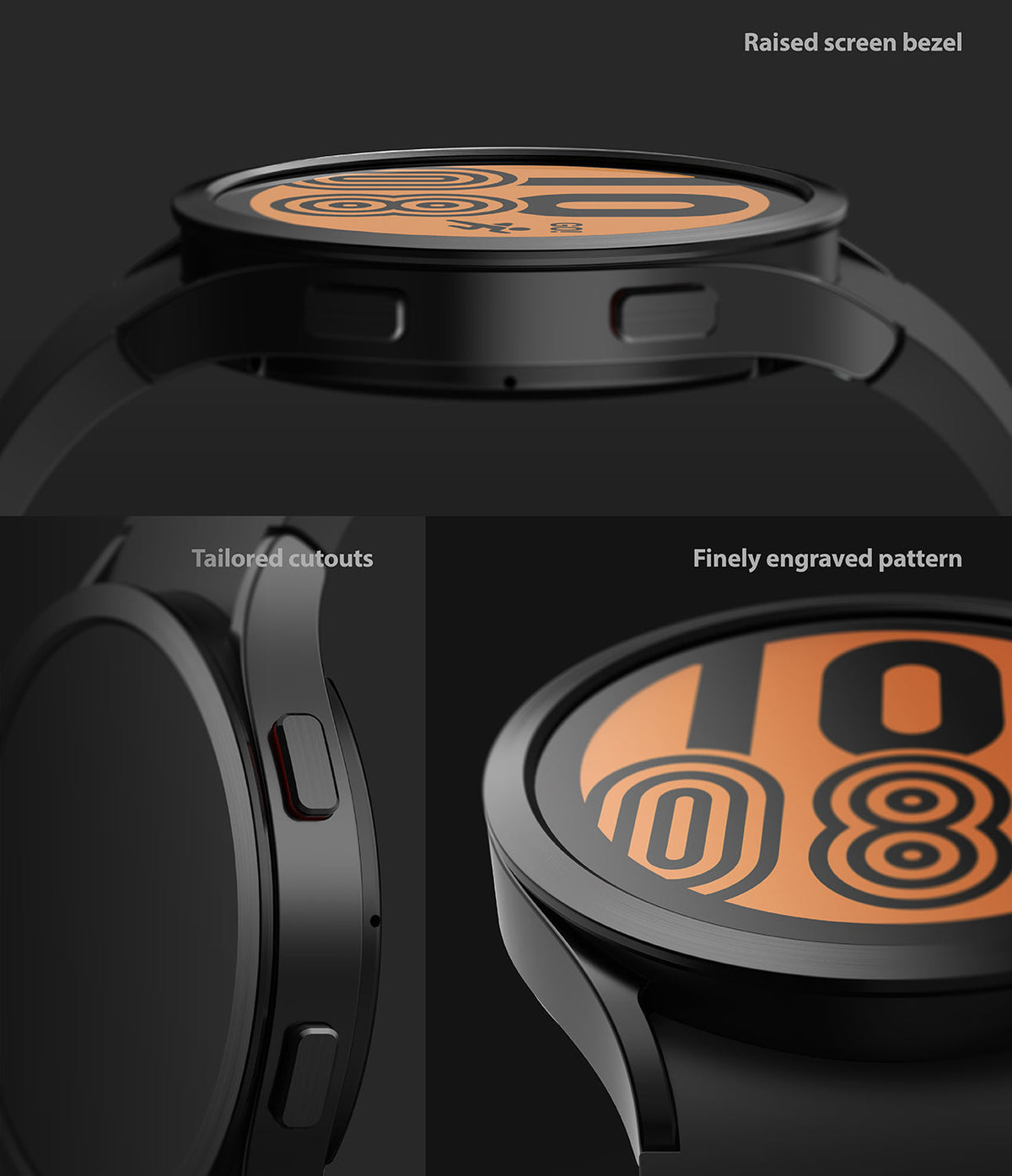 Galaxy Watch 5/4 44mm | Bezel Styling - Close-ups showing a raised bezel, precise button cutouts, and an engraved pattern.