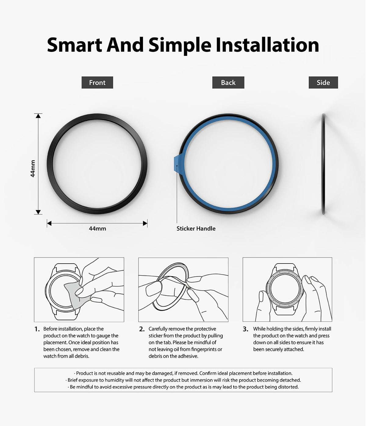 Galaxy Watch 5/4 44mm | Bezel Styling - Three-step installation guide for a 44mm watch bezel ring with front, back, and side views.
