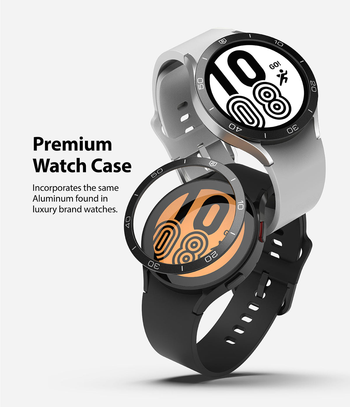 Galaxy Watch 5/4 44mm | Bezel Styling - Two smartwatches with black aluminum bezel rings floating above their watch faces.