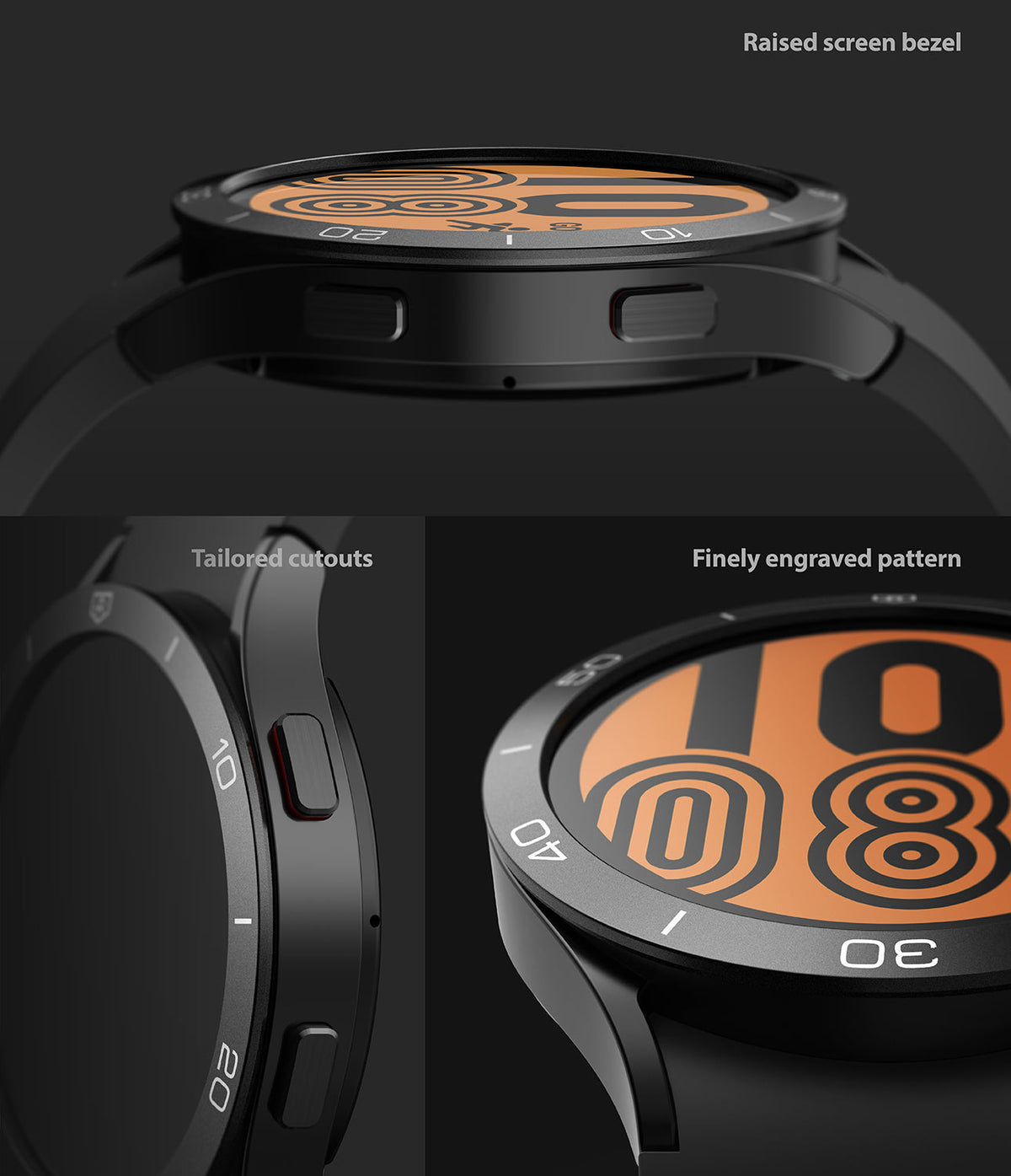 Galaxy Watch 5/4 44mm | Bezel Styling - Close-up views of a black watch bezel featuring raised edges, tailored cutouts, and engraved markings.