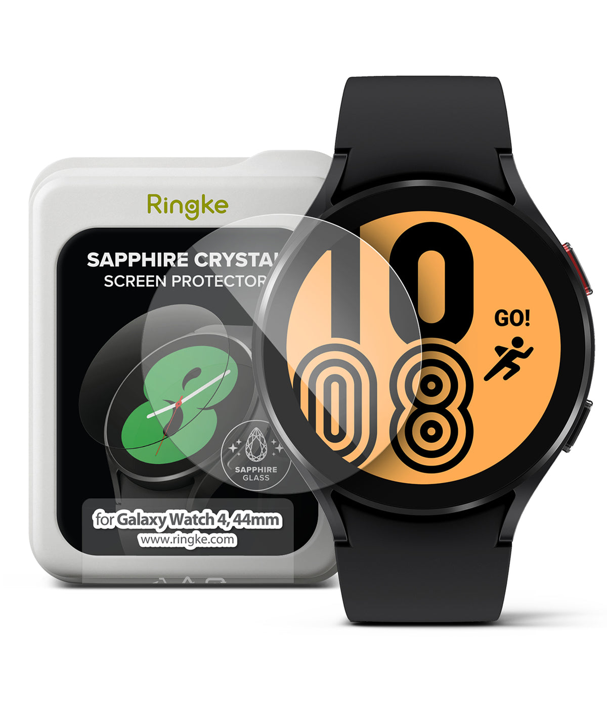 Galaxy Watch 5 / 4 (44mm) Screen Protector | Sapphire Crystal Glass - Galaxy Watch 5 / 4 (44mm) Screen Protector - Sapphire glass protector hovering over a black smartwatch with orange face.