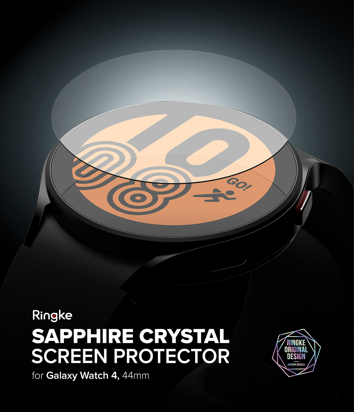 Galaxy Watch 5 / 4 (44mm) Screen Protector | Sapphire Crystal Glass - Galaxy Watch 5 / 4 (44mm) Screen Protector - Transparent sapphire glass hovering above a black Galaxy Watch face.