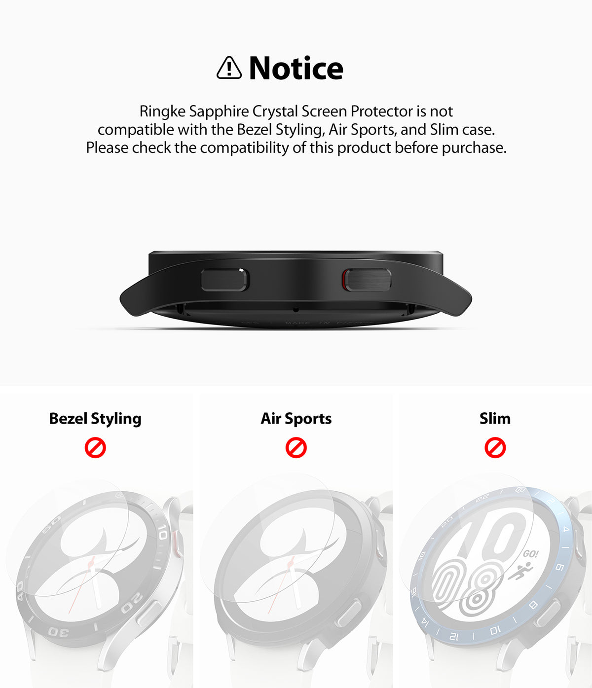 Galaxy Watch 5 / 4 (44mm) Screen Protector | Sapphire Crystal Glass - Galaxy Watch 5 / 4 (44mm) Screen Protector - Compatibility notice showing incompatible Bezel Styling, Air Sports, and Slim cases.