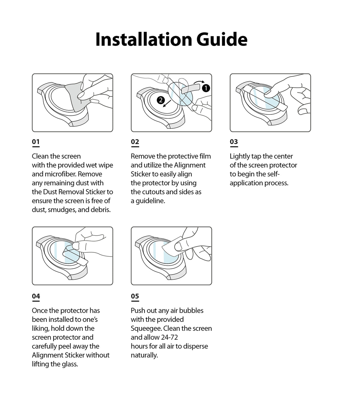Galaxy Watch 5 / 4 (44mm) Screen Protector | Sapphire Crystal Glass - Galaxy Watch 5 / 4 (44mm) Screen Protector | Five-step illustrated guide for cleaning, aligning, and applying the screen.