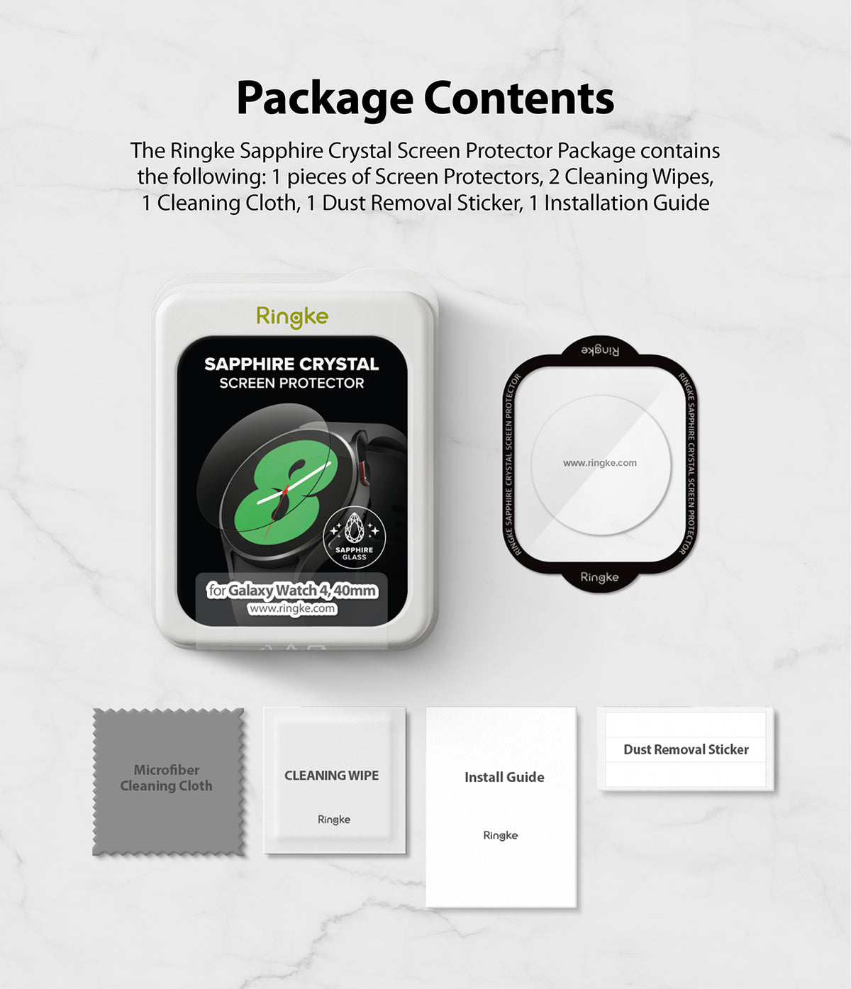 Galaxy Watch 5 / 4 (44mm) Screen Protector | Sapphire Crystal Glass - Galaxy Watch 5 / 4 (44mm) Screen Protector - Package contents including sapphire glass protector, wipes, cloth, and guide.