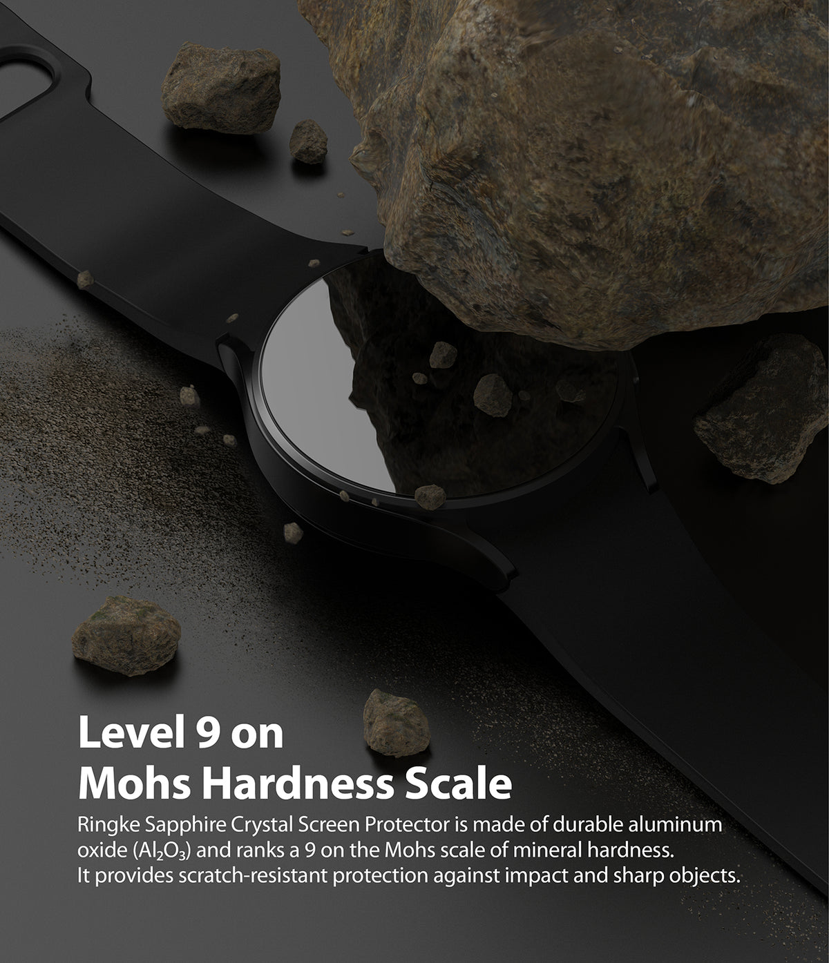 Galaxy Watch 5 / 4 (44mm) Screen Protector | Sapphire Crystal Glass - Galaxy Watch 5 / 4 (44mm) Screen Protector - A black smartwatch screen under a large rock, demonstrating scratch resistance.