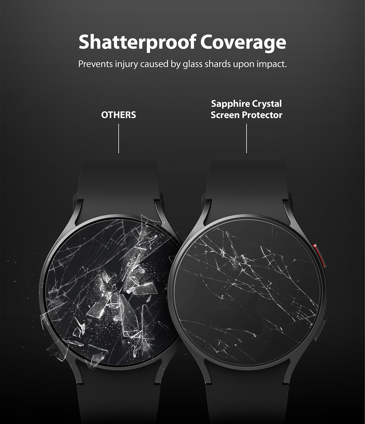 Galaxy Watch 5 / 4 (44mm) Screen Protector | Sapphire Crystal Glass - Galaxy Watch 5 / 4 (44mm) Screen Protector - Comparison showing shattered standard glass versus intact sapphire.