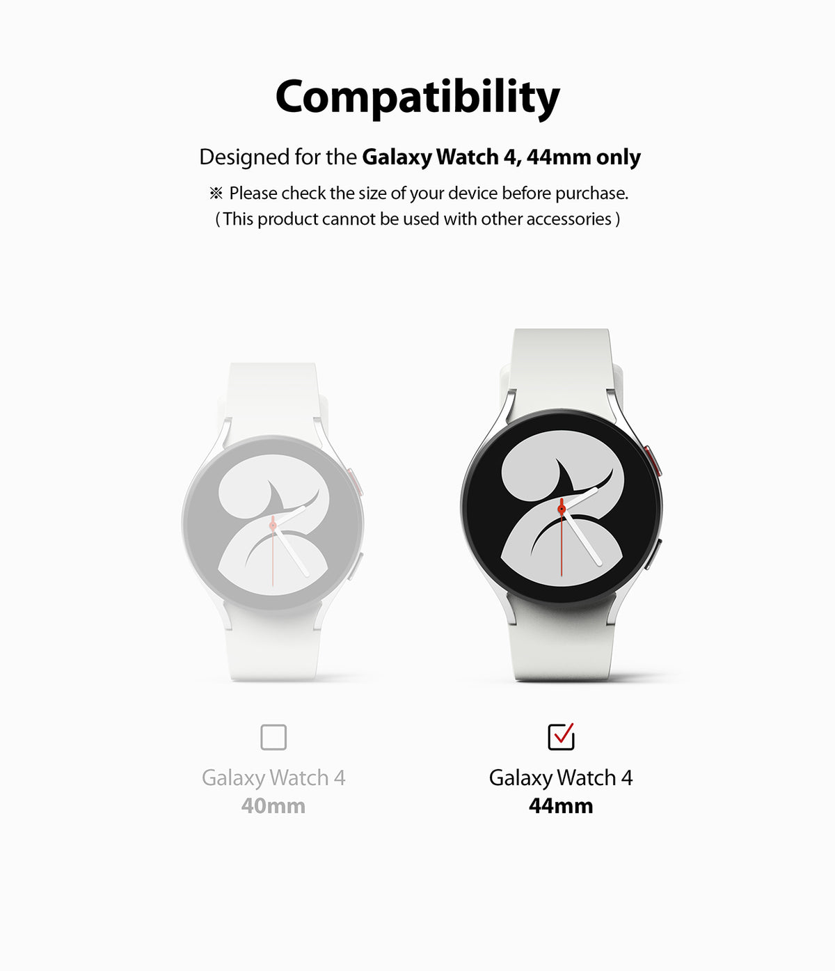 Galaxy Watch 5 / 4 (44mm) Screen Protector | Sapphire Crystal Glass - Galaxy Watch 5 / 4 (44mm) Screen Protector - Compatibility chart showing a 40mm watch faded and a 44mm watch highlighted.