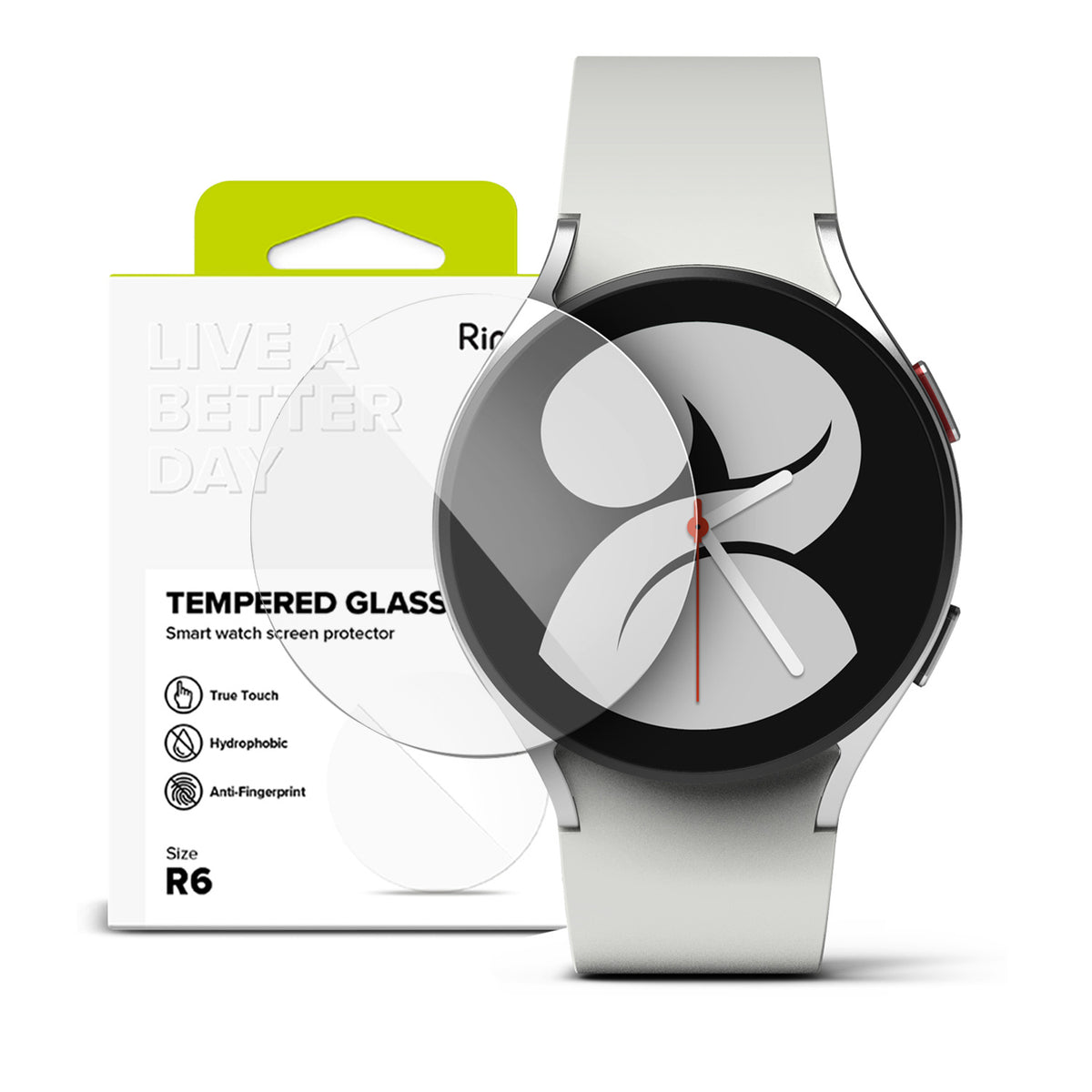Galaxy Watch 5/4 44mm Screen Protector | Glass - R6 - Tempered glass screen protector next to a silver smartwatch.