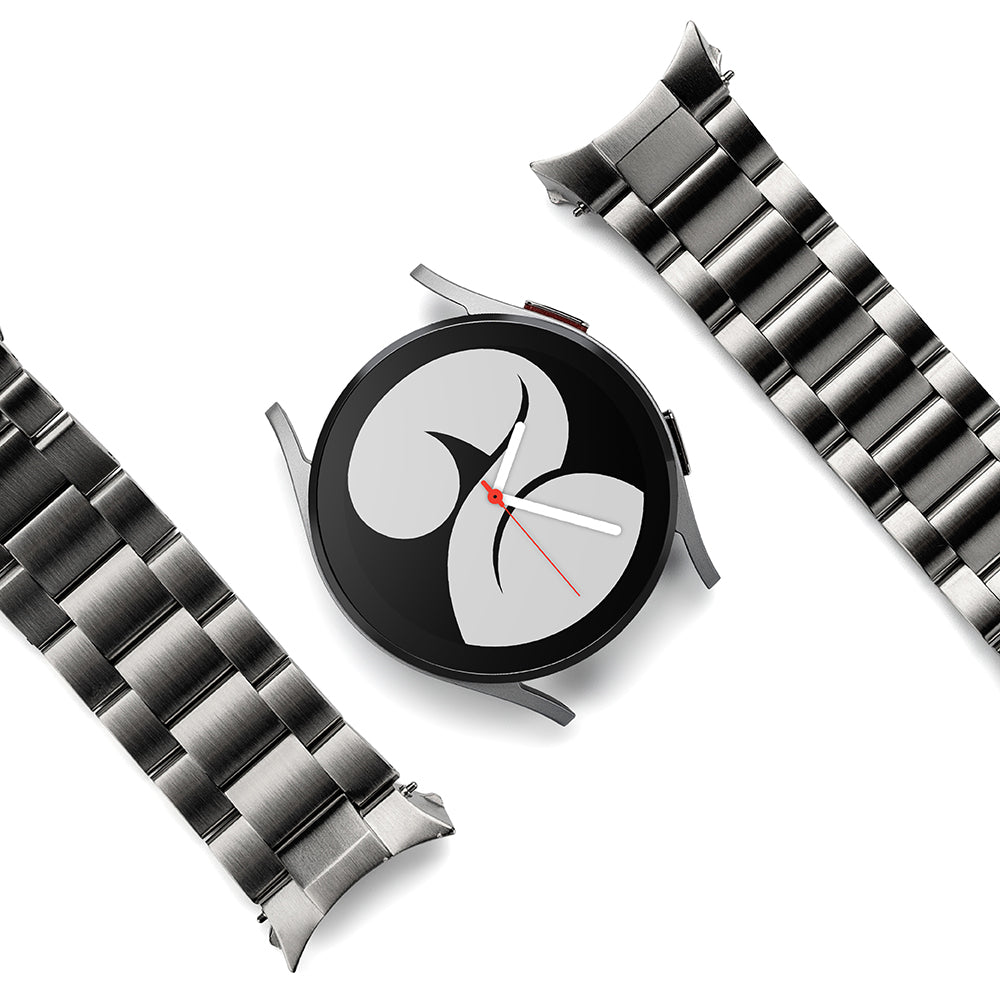 Galaxy Watch 6 / 5 / 4 (40mm) | Metal One Band - Silver smartwatch face centered between two detached metal link watch bands.