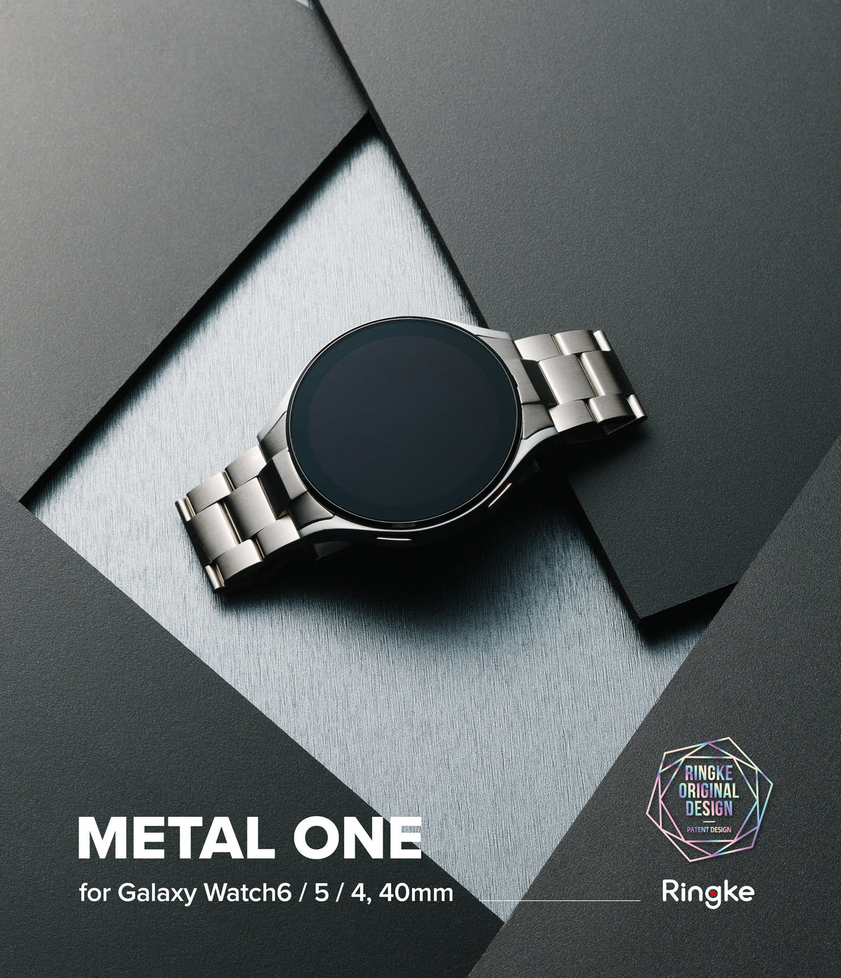 Galaxy Watch 6 / 5 / 4 (40mm) | Metal One Band - Silver metal watch band on a Galaxy Watch against a geometric background.