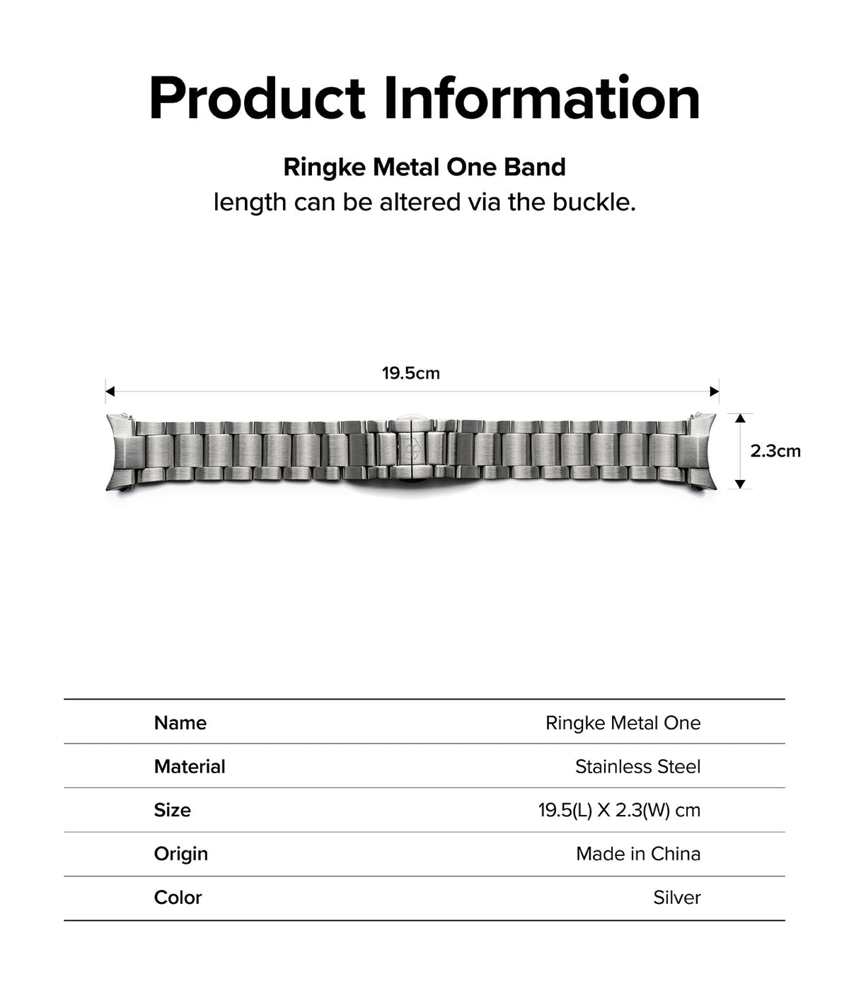 Galaxy Watch 6 / 5 / 4 (40mm) | Metal One Band - Silver stainless steel watch band with dimensions 19.5cm by 2.3cm.