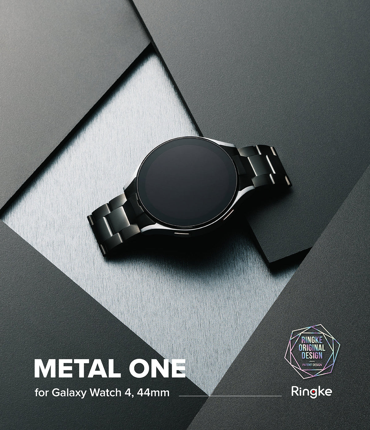 Galaxy Watch 6 / 5 / 4 (44mm) | Metal One Band - Black smartwatch with metal link band on a geometric gray background.