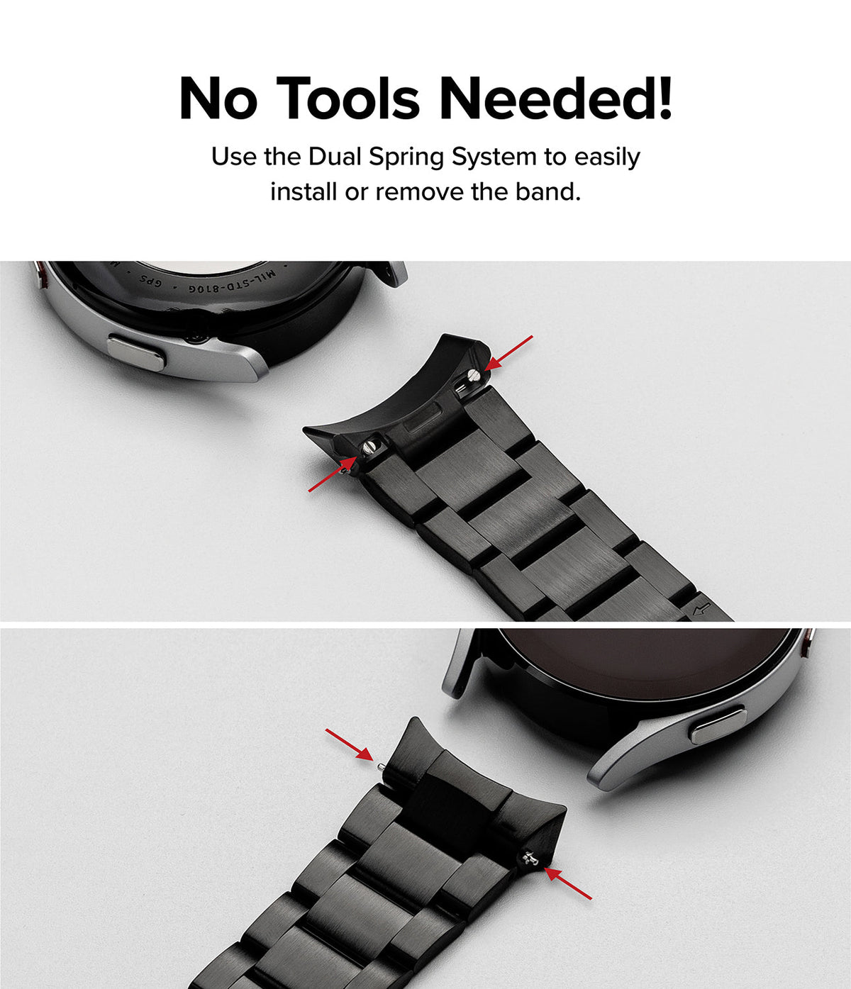 Galaxy Watch 6 / 5 / 4 (44mm) | Metal One Band - Two panels showing a black metal watch band with dual spring pins.