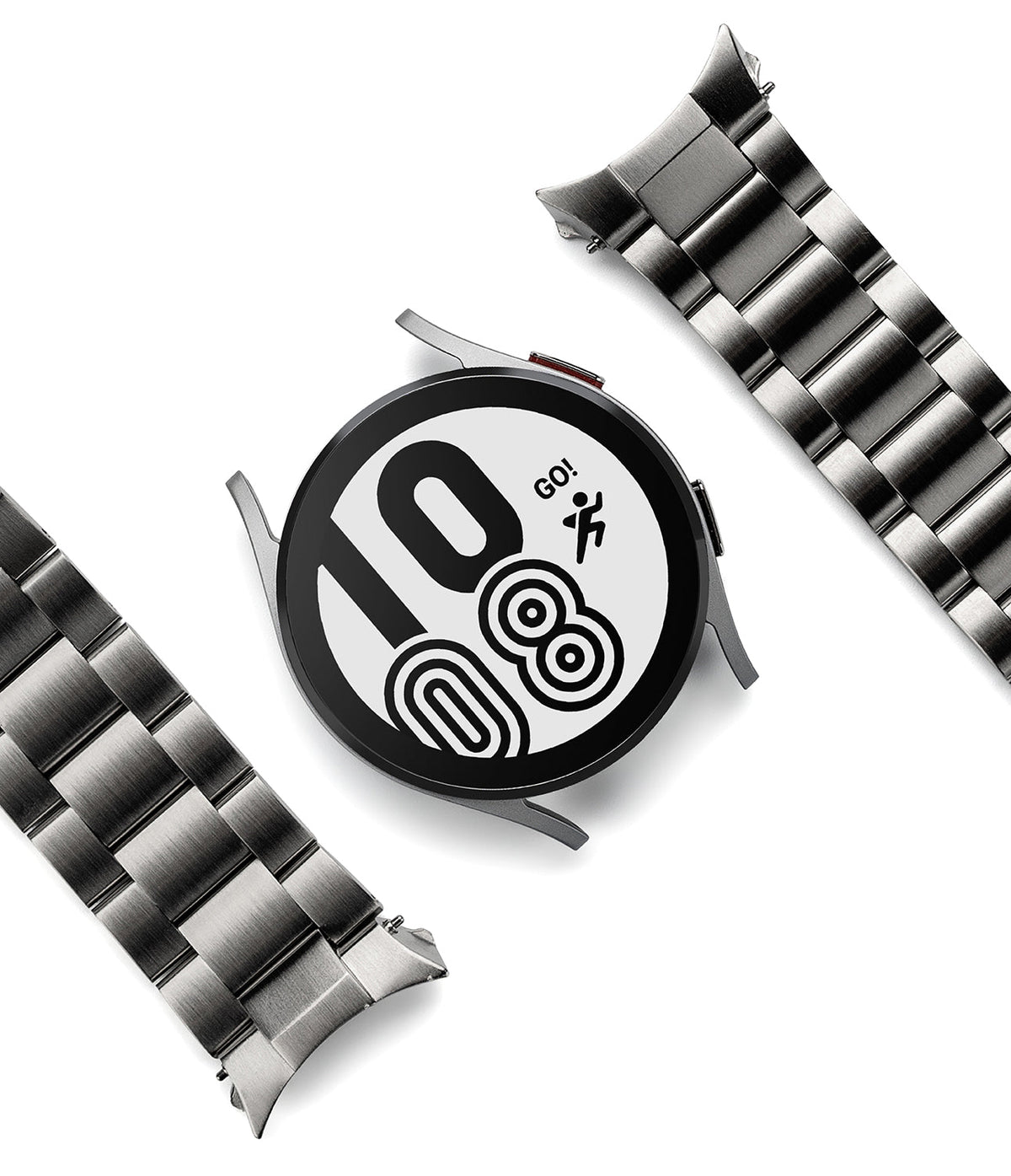 Galaxy Watch 6 / 5 / 4 (44mm) | Metal One Band - Silver smartwatch face with digital clock and two metal link bands.