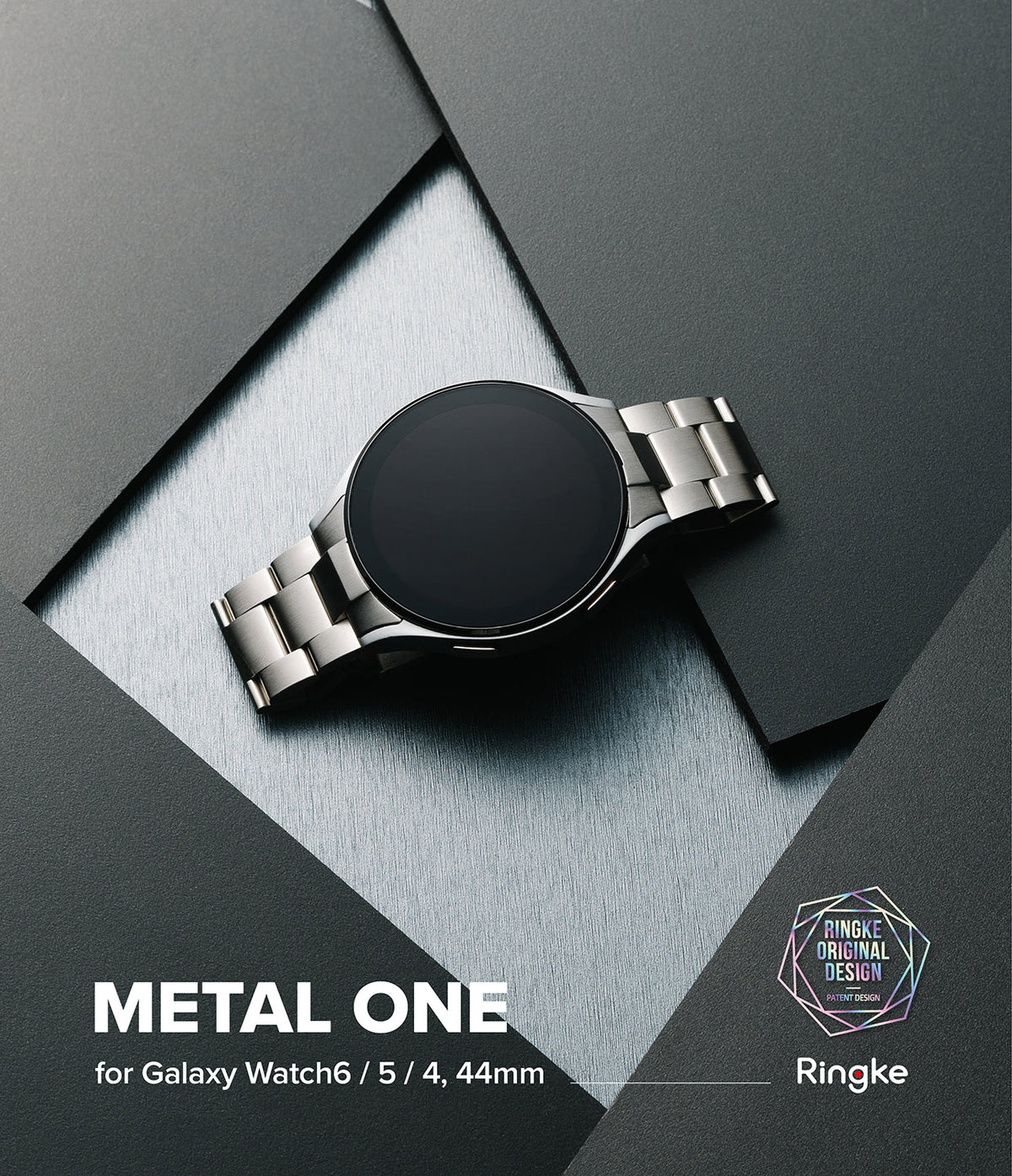 Galaxy Watch 6 / 5 / 4 (44mm) | Metal One Band - Silver metal watch band on a Galaxy Watch against a geometric background.