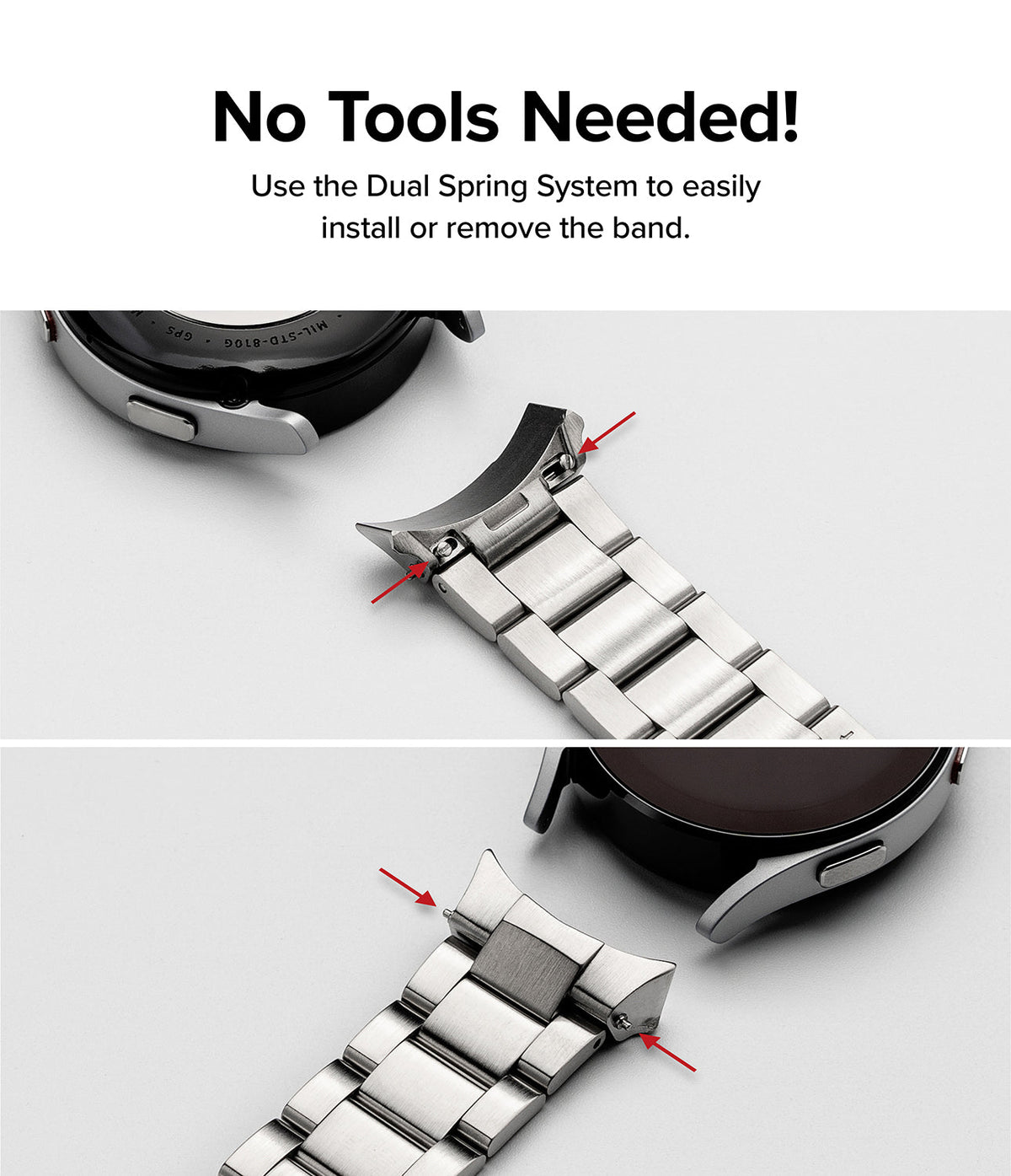 Galaxy Watch 6 / 5 / 4 (44mm) | Metal One Band - Metal watch band showing dual spring pins for tool-free installation.