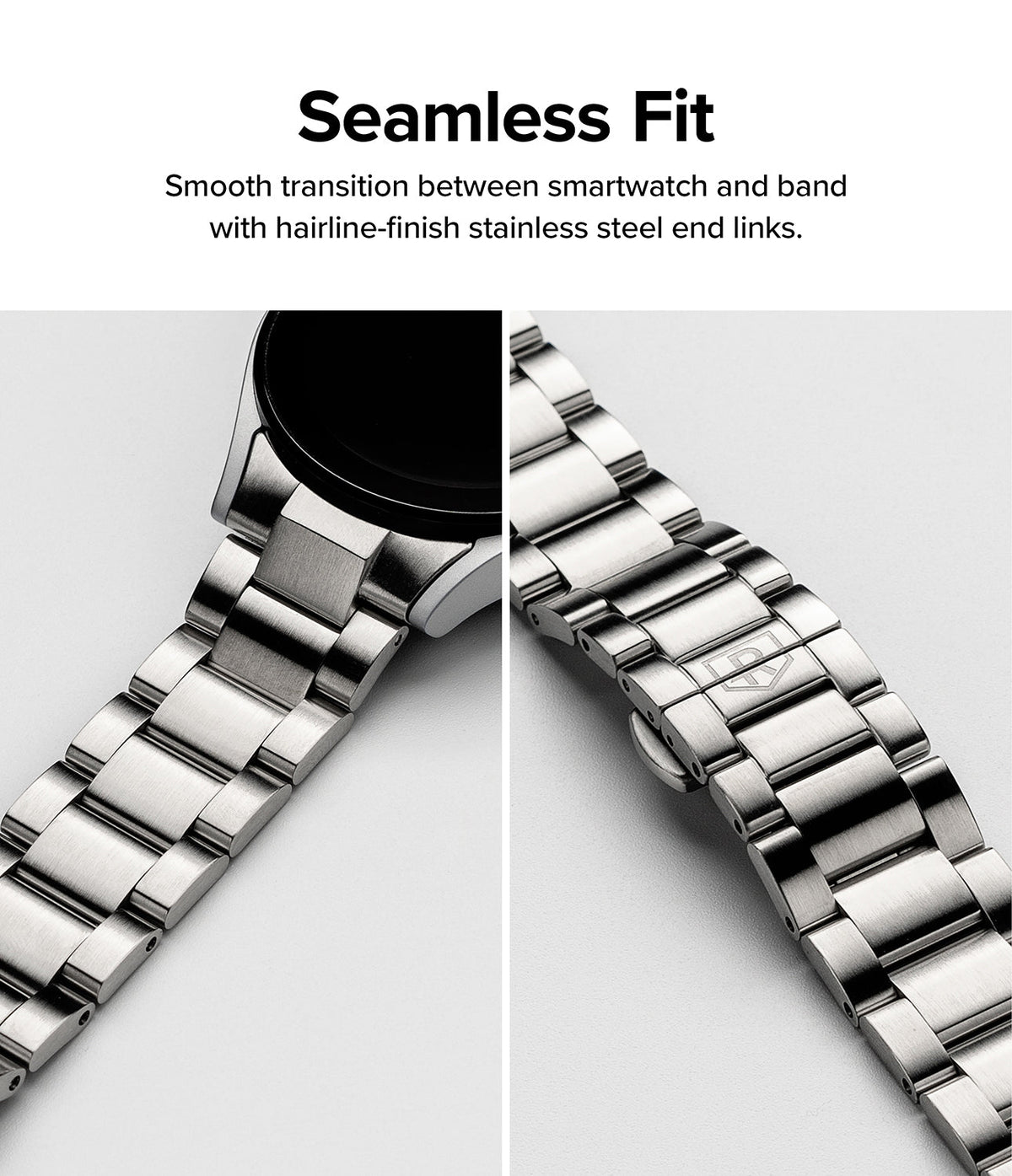 Galaxy Watch 6 / 5 / 4 (44mm) | Metal One Band - Close-up of a silver stainless steel watch band showing a seamless fit.