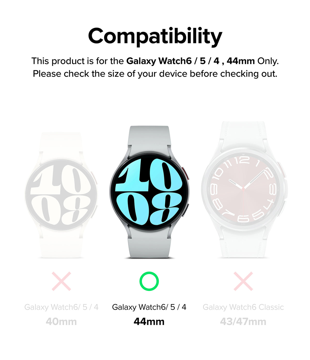 Galaxy Watch 6 / 5 / 4 (44mm) | Metal One Band - Compatibility chart showing 44mm watch is compatible, while 40mm and Classic are not.