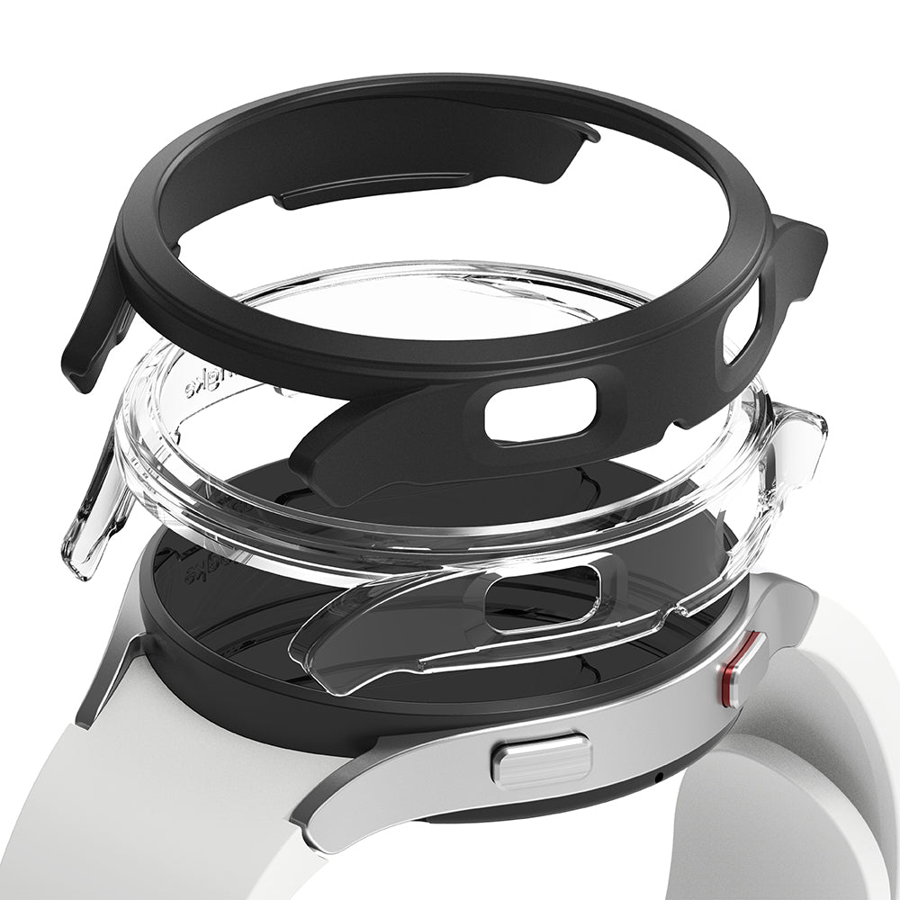Galaxy Watch 4 40mm Case | Slim - Exploded view of a black slim protective case hovering above a Galaxy Watch 4.